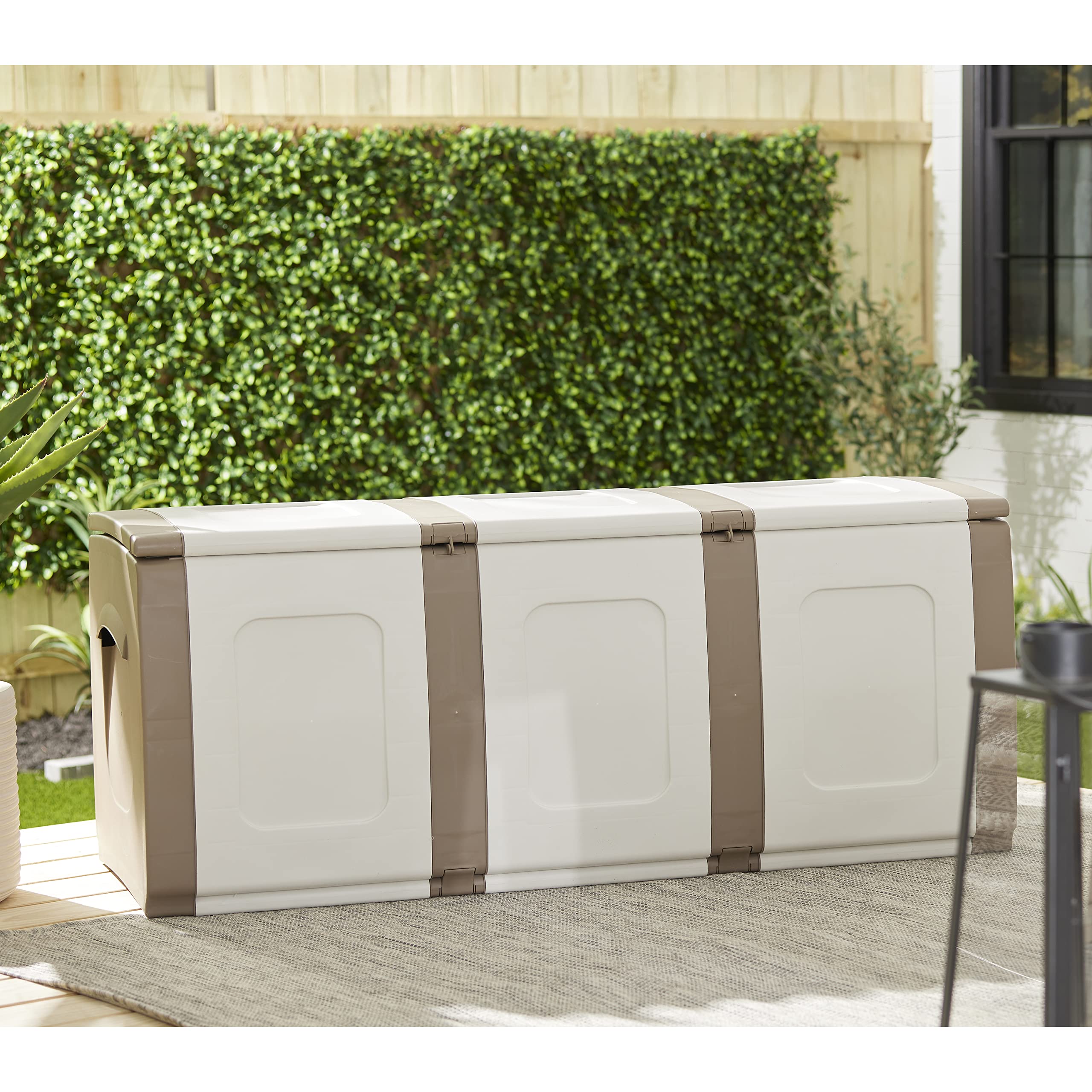 Homeplast 79 Gallon Bold Indoor/Outdoor Plastic Storage Trunk - Waterproof Resin Deck Box for Pillows, Patio Cushions, Firewood - Beige/White - Perfect for Garage, Basement, Backyard & Poolside Storage