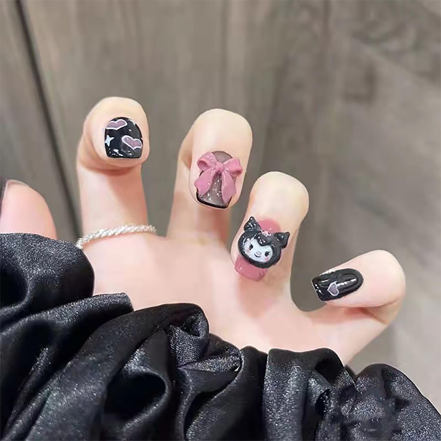 24Pcs Cute Short Square Press on Fake Nails - Glossy Black Acrylic False Nails with Heart Bow Designs for Women & Girls | Full Cover Artificial Nails with Glue | Perfect for Parties, Weddings & Daily Wear