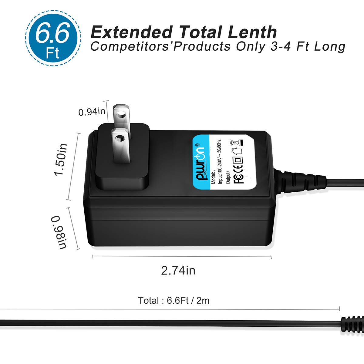 PwrON 6.6 FT Long 5V Mini USB AC to DC Power Adapter Charger for Creative Zen MP3 MP4 Player - Fast Charging, Universal Compatibility - Perfect for Home, Office, and Travel Use