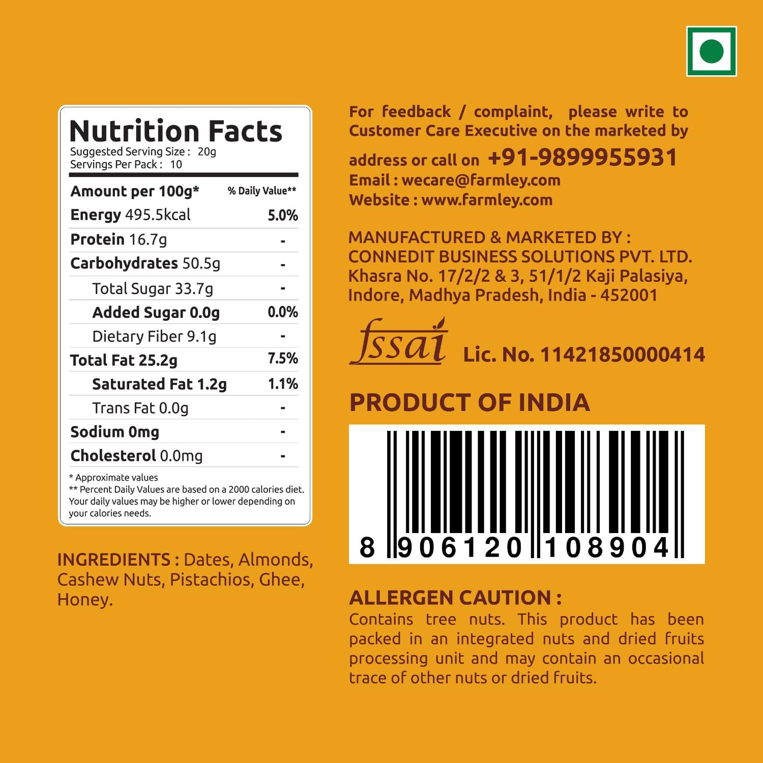 Farmley Classic Date Bites 180/200g (Pack of 1) - Healthy Snack Made with Dates, Pistachios, Cashews, Almonds, Honey & Pure Ghee | Gluten-Free, No Added Sugar | Perfect for Energy Boost, Office Snacks & Healthy Desserts