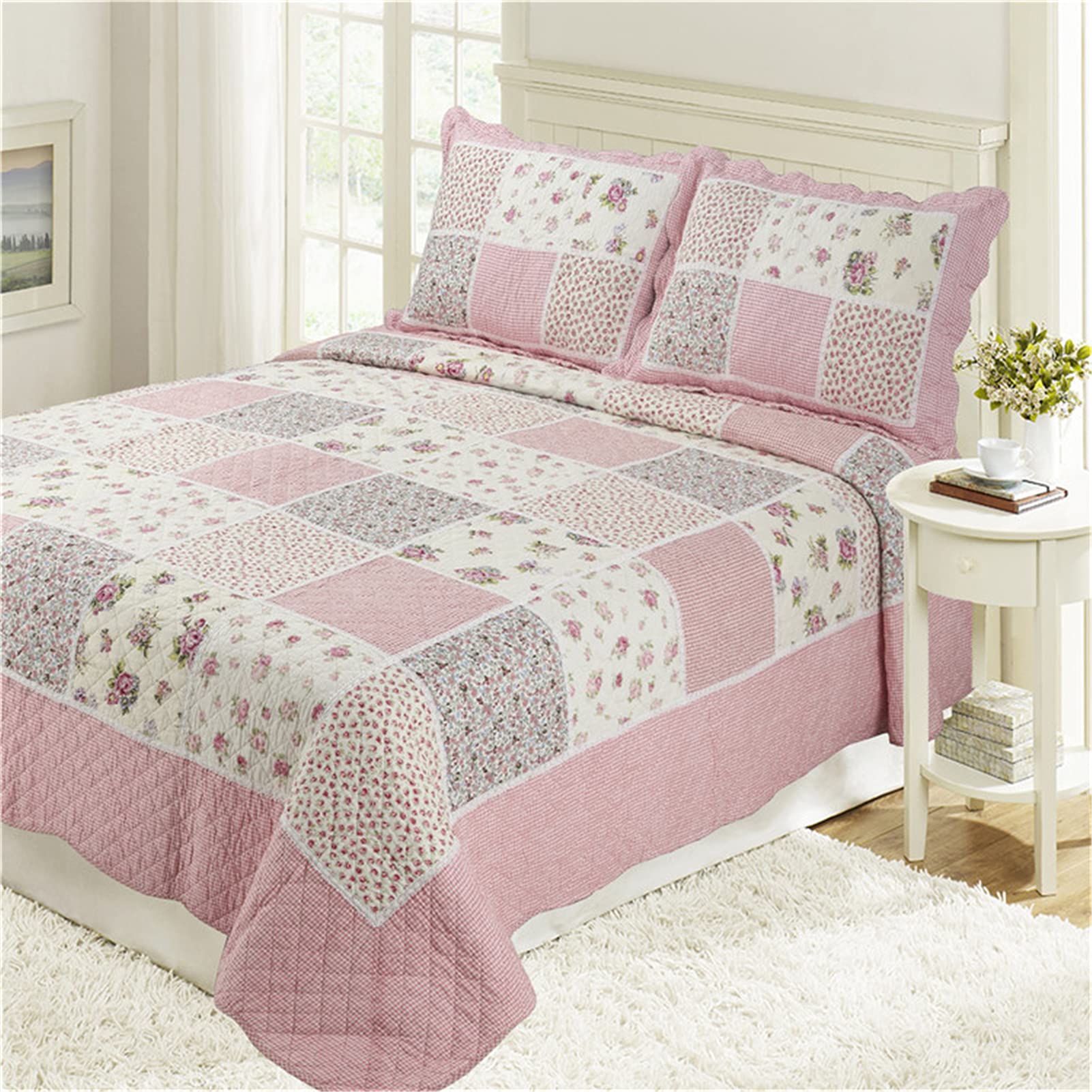 ABREEZE Cotton Quilt Set - Shabby Chic Rose Floral Bedspread, Pink Victorian Coverlet & Comforter Set for Full/Queen Beds | Perfect for Master Bedroom, Guest Room & Farmhouse Decor