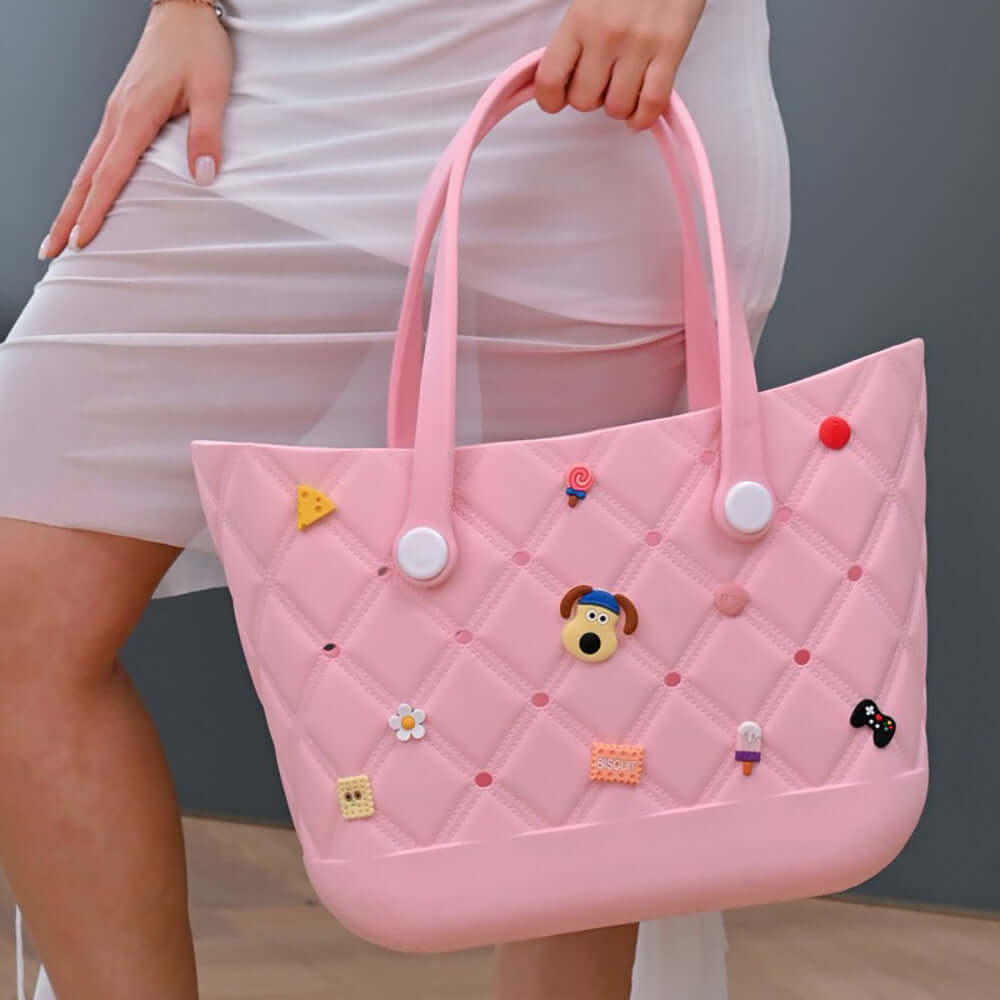 Trendy Pink Personalized Silicone Charm Tote Bag - Customizable Women's Fashion Accessory for Shopping, Beach & Daily Use