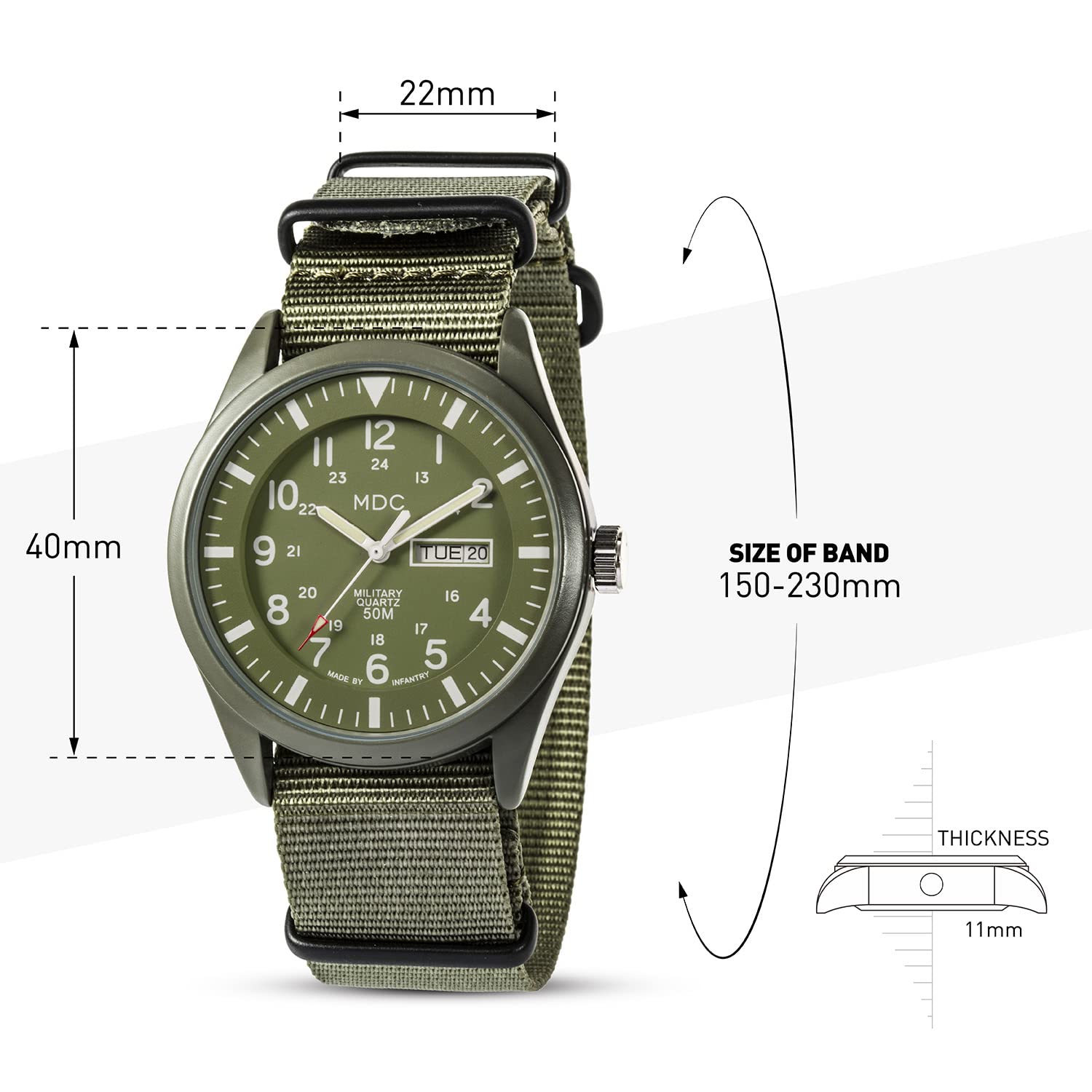 MDC Men's Tactical Military Watch - Waterproof Analog Quartz Wristwatch with Date & Day Display, Army Green Nylon Band - Perfect for Outdoor Sports, Field Work & Military Use