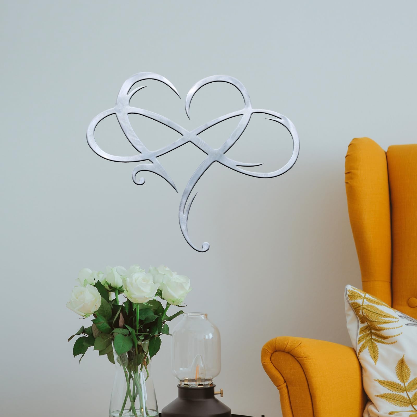 Infinity Heart Metal Wall Art - Elegant Geometric Steel Wall Decor for Bedroom, Living Room, Wedding - Unique Love Sign Plaque & Home Ornament - 11.4x13.7 Inch Silver Wall Hanging for Romantic Decor, Housewarming Gift & Anniversary Present
