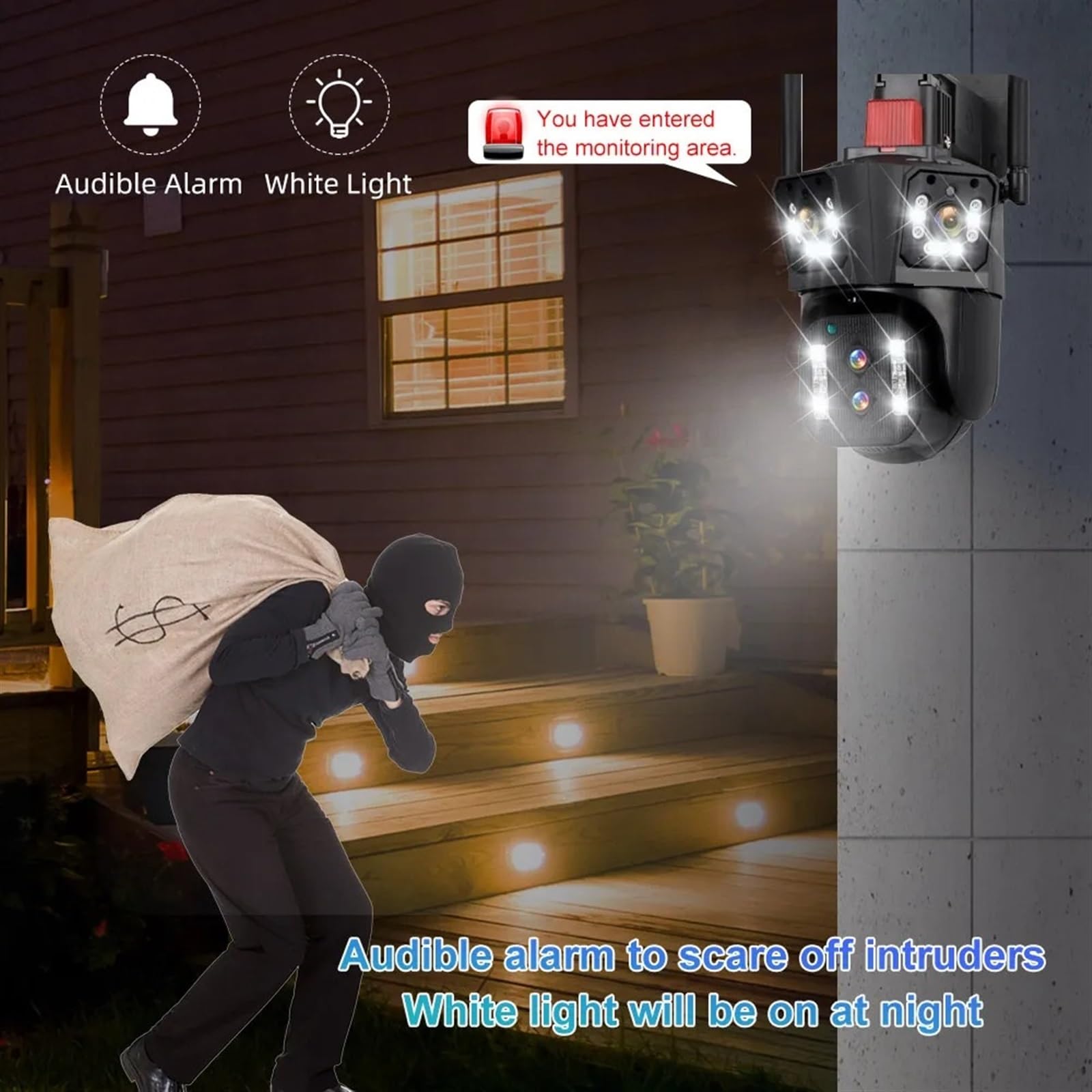 8K 4x4MP Outdoor PTZ Security Camera with 6K Multi-Lens, Triple Screen Display, 10X Optical Zoom, Auto Tracking & 2-Way Audio - Ideal for Home Surveillance & Property Monitoring (Includes 32GB Storage)