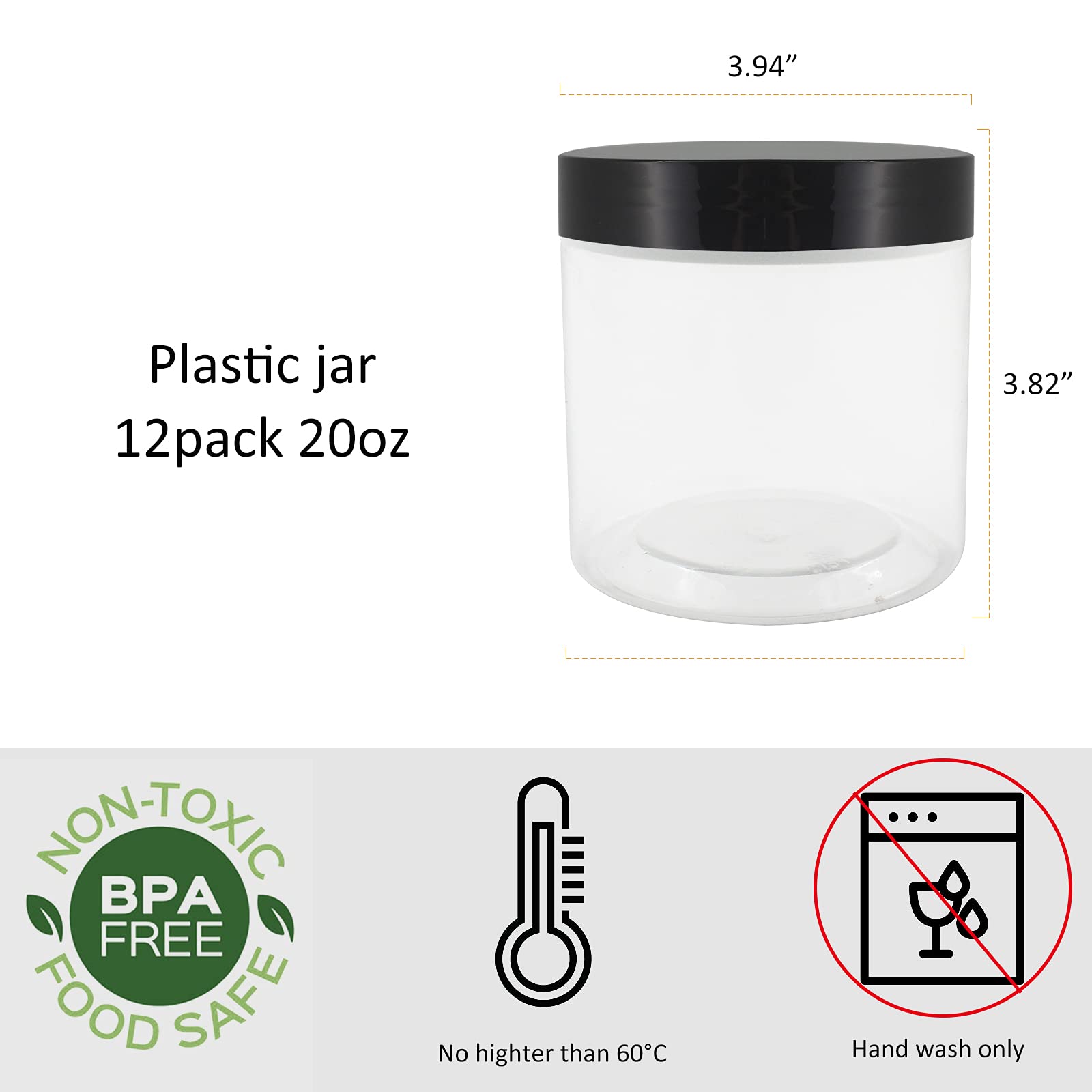 12 Pack 20oz (600ml) Clear Plastic Jars with Airtight Lids - BPA-Free Food Storage Containers for Dry Food, Spices, Peanuts - Includes Labels & Marker Pen - Perfect for Pantry Organization, DIY Crafts, and Bulk Food Storage