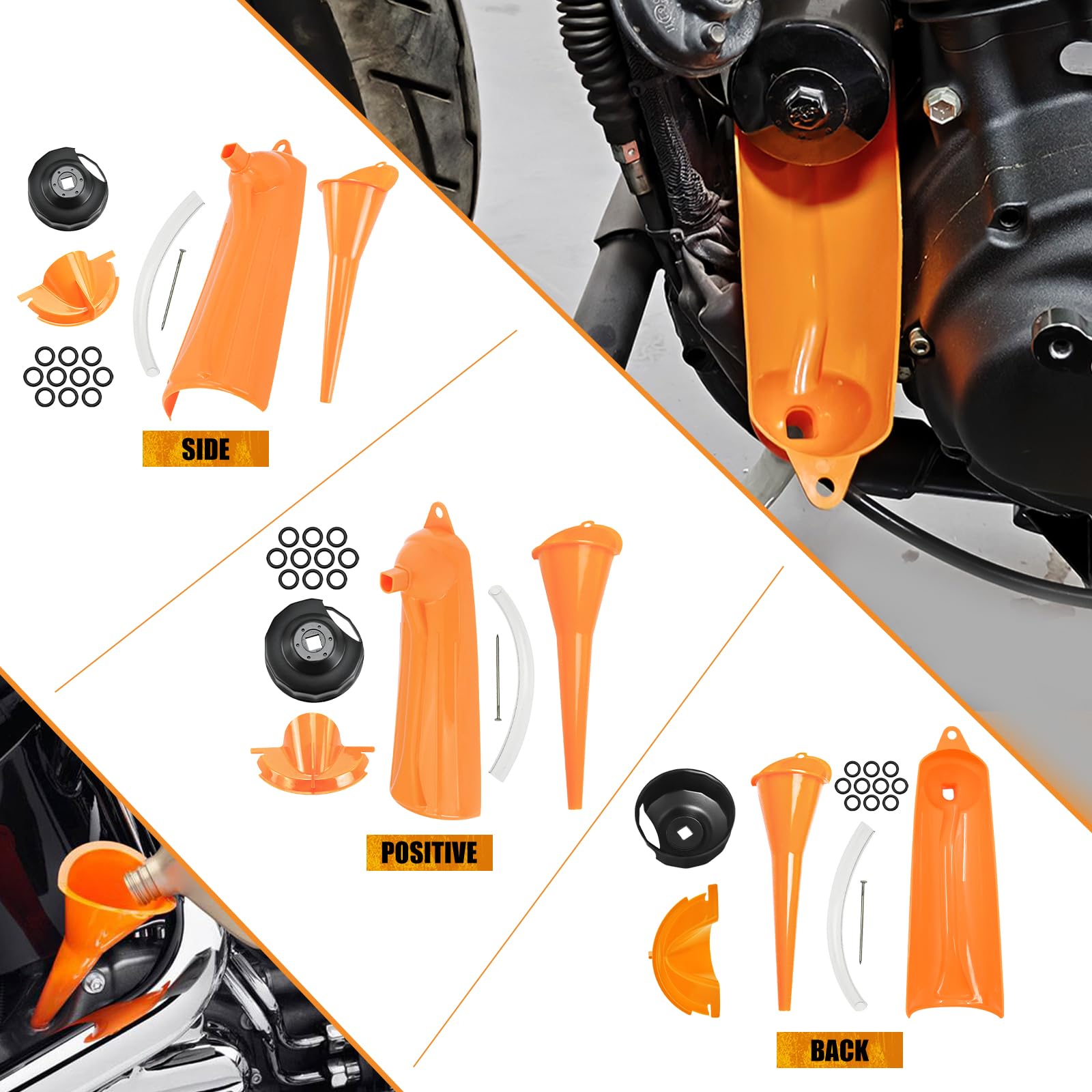 **Harley-Davidson Oil Change Kit - 5-Piece Crankcase Oil Fill Funnel, Drip-Free Oil Filter Funnel, Oil Filter Wrench & Drain Plug O-Ring Set (Orange) - Perfect for DIY Motorcycle Maintenance & Harley Oil Changes**