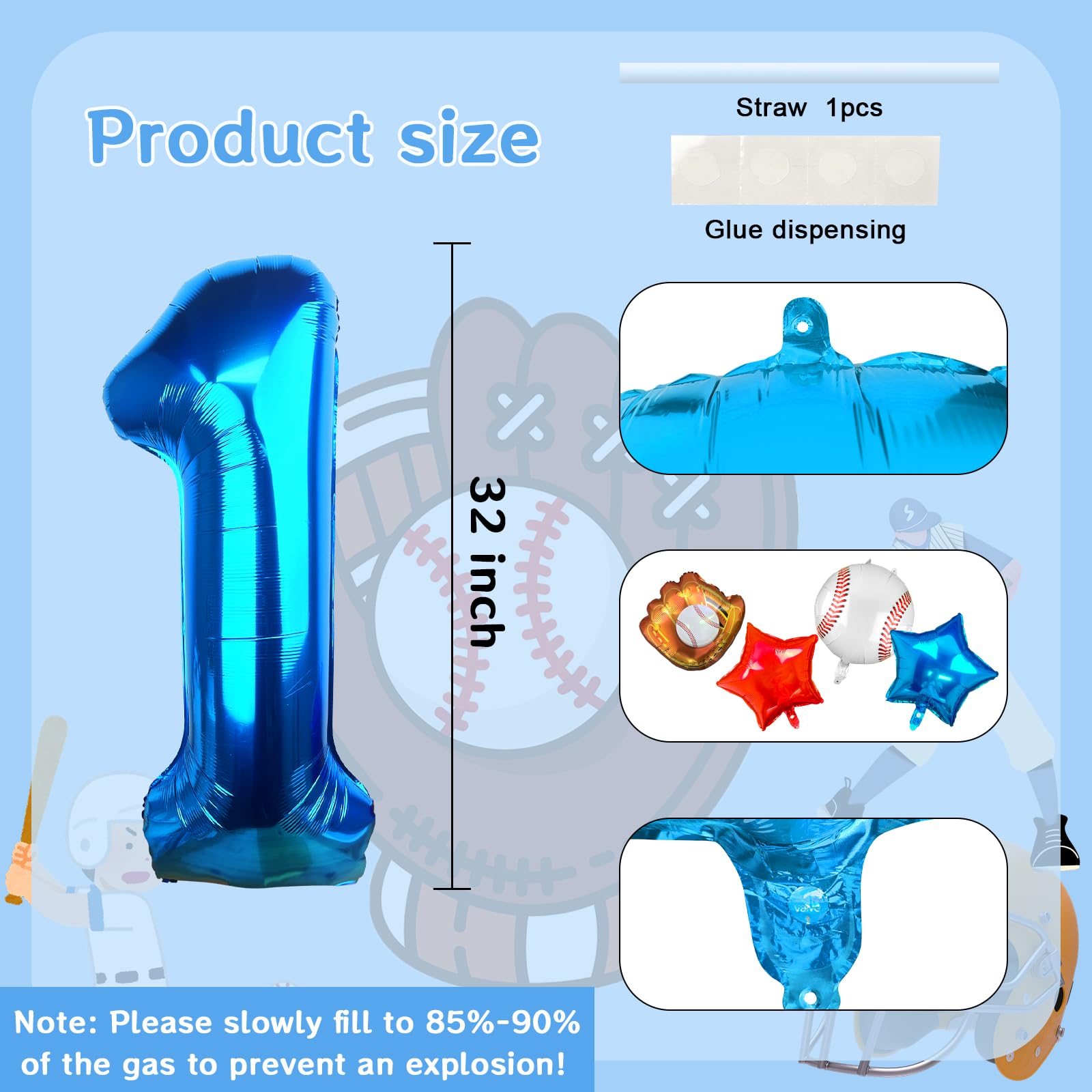 1st Birthday Baseball Balloons - Red, White & Blue Star Balloons for Baseball Party Decorations | Number 1 Baseball Balloon for Rookie of The Year Boys | Perfect for Baseball-Themed Birthday Parties, Baby Showers & Sports Celebrations