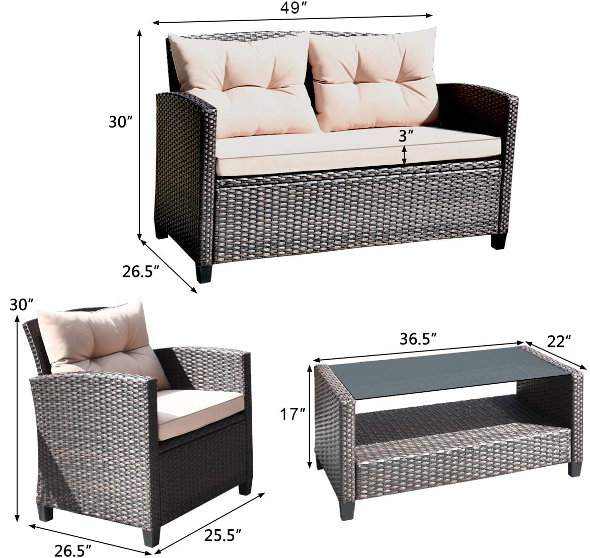 HAPPYGRILL 4-Piece Rattan Wicker Patio Conversation Set with Loveseat, 2 Chairs & Coffee Table - Outdoor Indoor Furniture for Backyard, Porch, Garden, Poolside, Balcony - Perfect for Relaxing, Entertaining & Lounging
