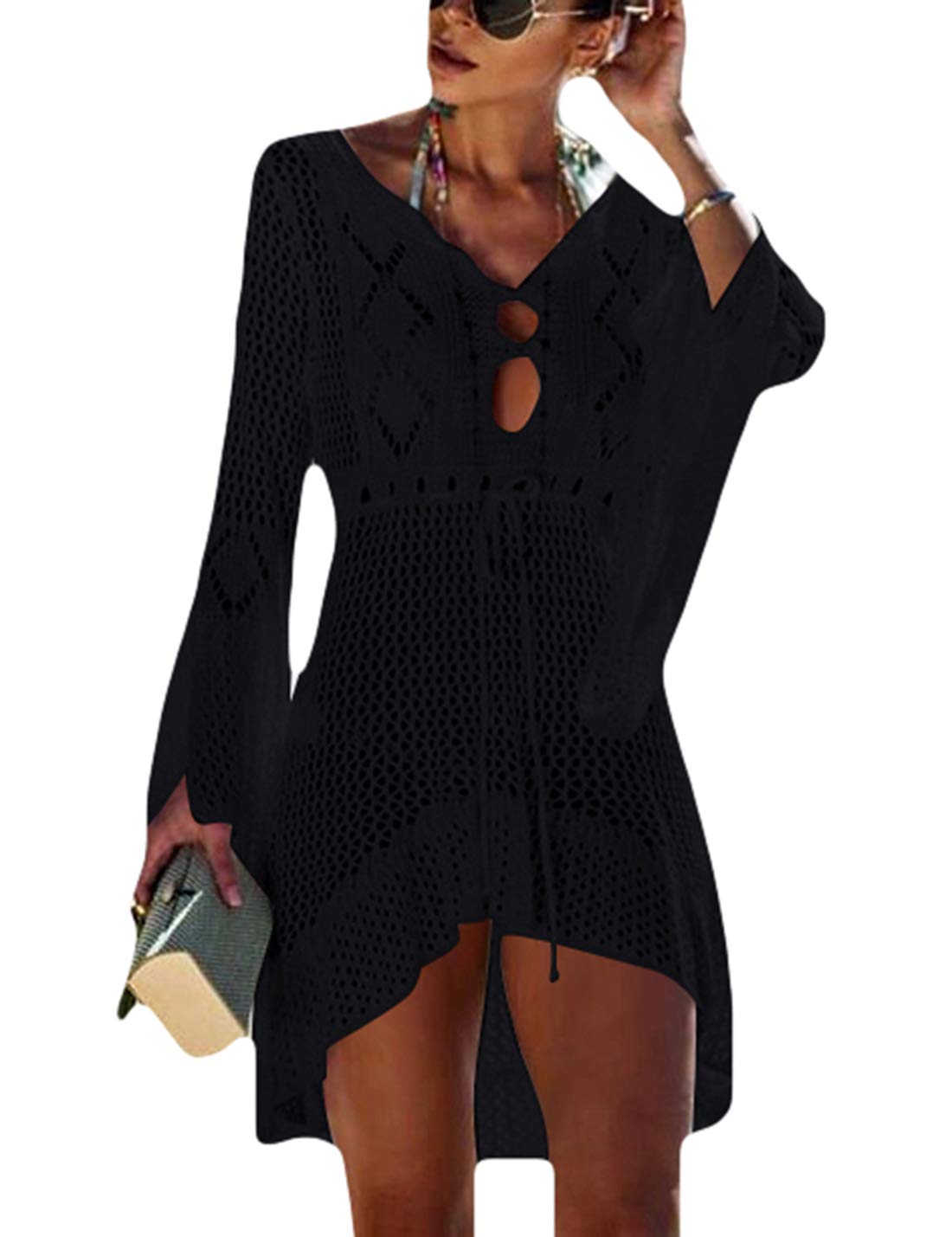 AILUNSNIKA Women's Crochet Hollow Beach Cover Up Dress - Lightweight Tunic Swimwear Bikini Cover Up for Summer Vacation, Pool Party, and Beach Outings