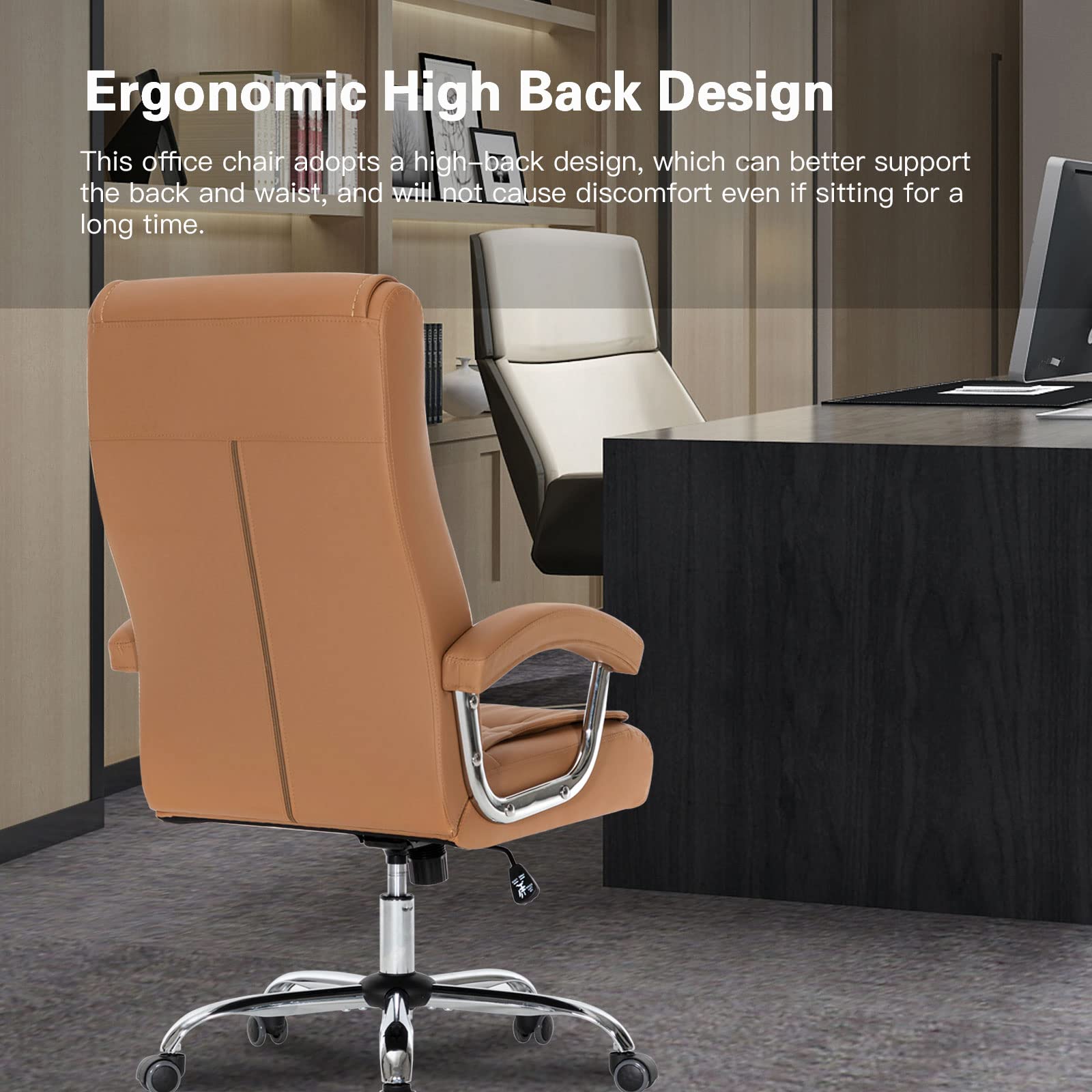 Premium Ergonomic Executive Office Chair - Adjustable High Back Leather Swivel Desk Chair with Padded Armrests, 350lbs Weight Capacity & Spring Seat - Ideal for Home Office, Gaming & Computer Workstations (Khaki)