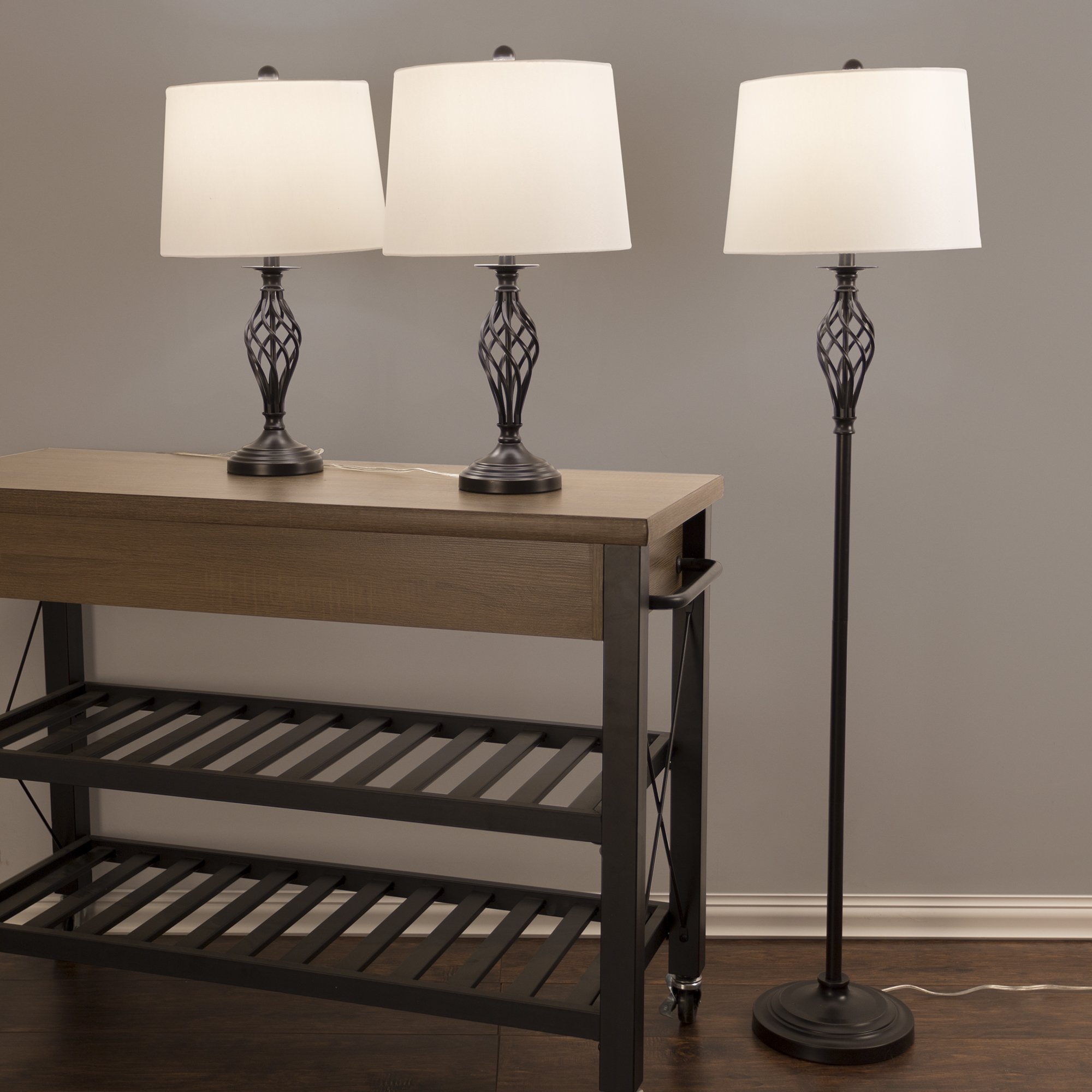 Stylish Spiral Cage Design Table and Floor Lamp Set of 3 - Modern Bronze Lighting Fixtures with LED Bulbs for Living Room, Bedroom, Entryway | Perfect for Home Decor, Reading Nook & Ambient Lighting