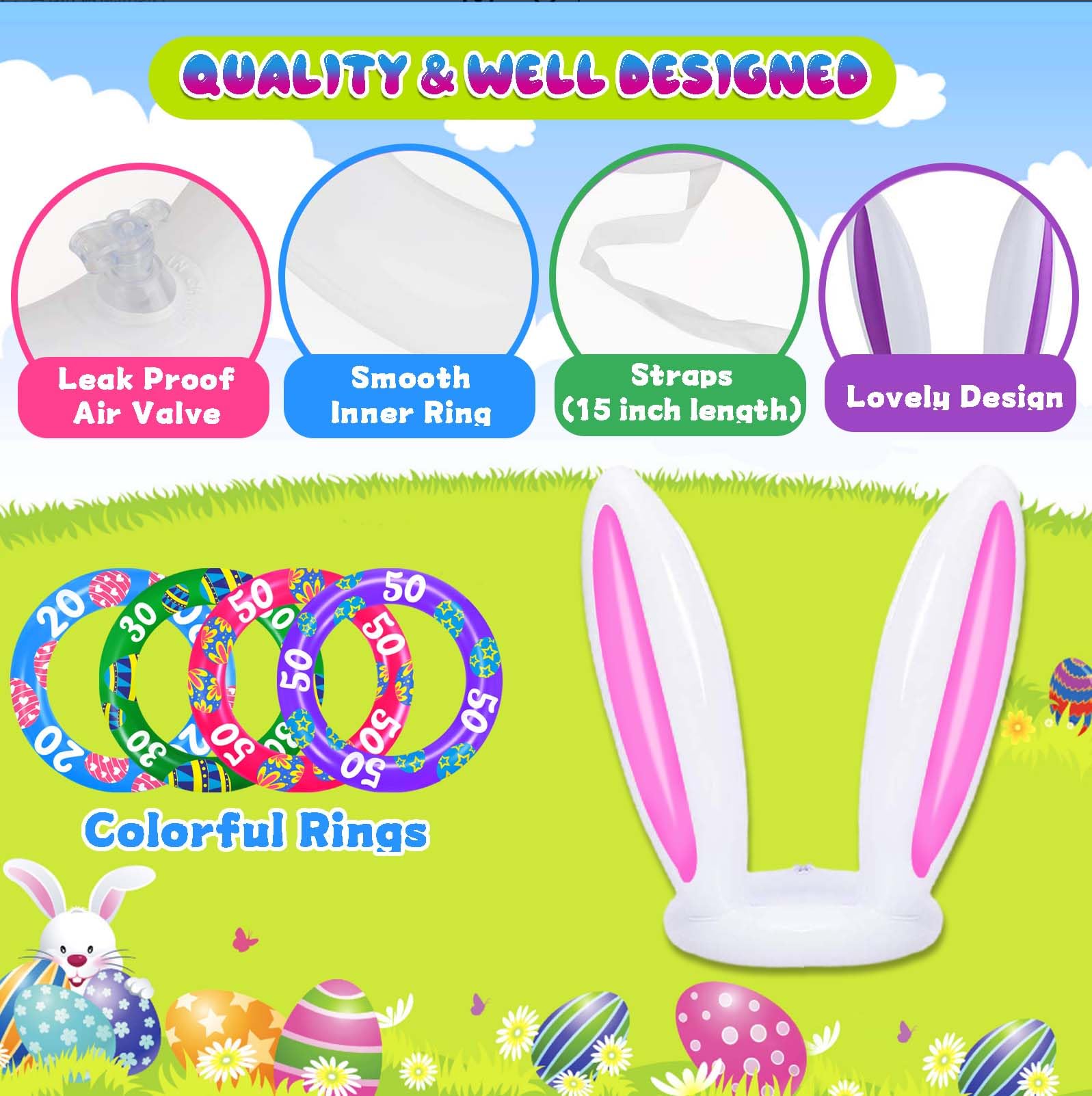 Easter Bunny Ring Toss Game Set - 2 Pack with 8 Score Rings for Kids - Fun Indoor Outdoor Easter Party Games - Perfect for Easter Egg Hunts, Backyard Parties & Family Gatherings