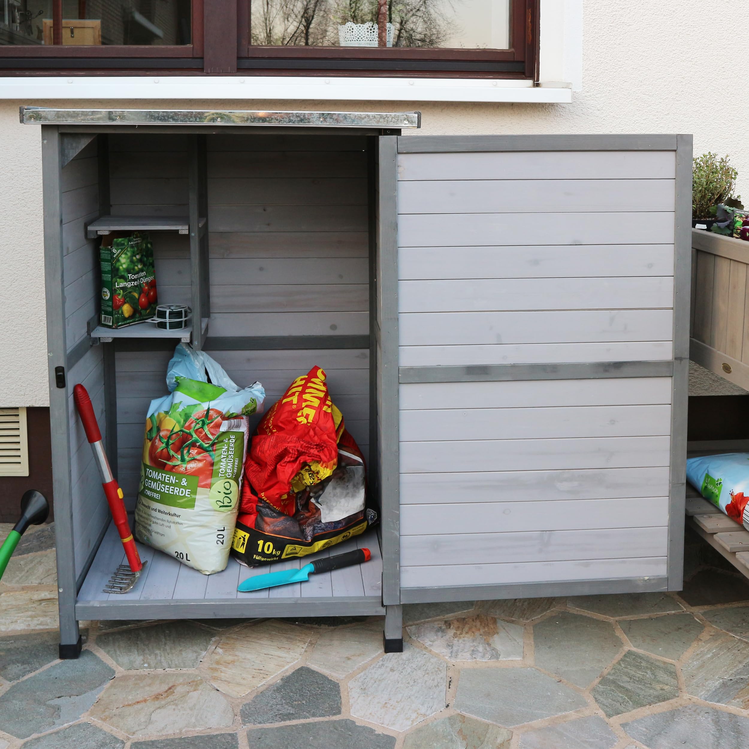 Weatherproof Outdoor Storage Cabinet with Flat Roof & Shelves - Grey/Light Grey Garden Cabinet for Patio, Deck, and Backyard Organization