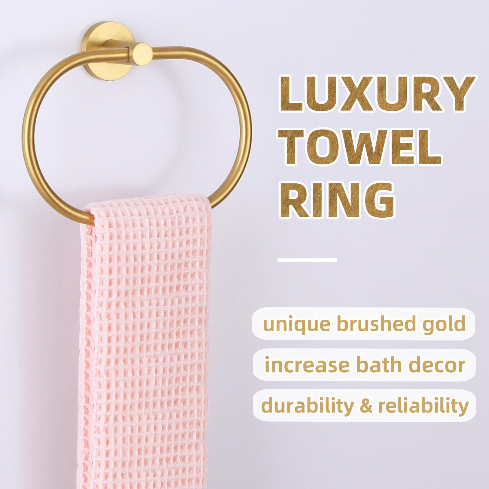 APLusee Brushed Gold Towel Ring - 304 Stainless Steel Wall Mounted Bathroom Towel Holder with Swivel Hanger - Elegant Oval Design for Hand Towels, Washcloths & Robes - Perfect for Bathroom, Powder Room & Spa Decor