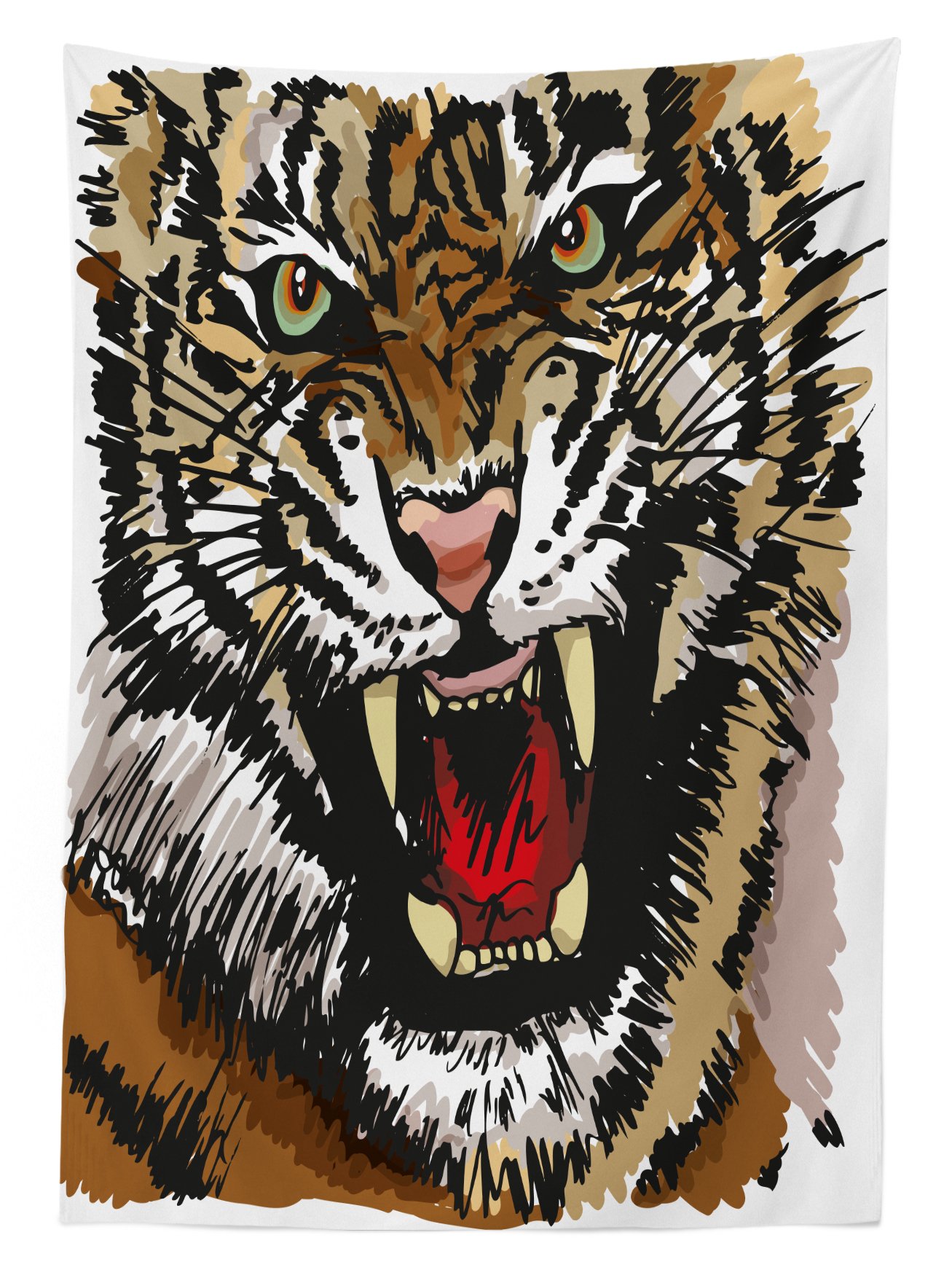 Ambesonne Tiger Print Outdoor Tablecloth - Large Feline Sketch Style with Intense Eyes - Washable Picnic Table Cover 58