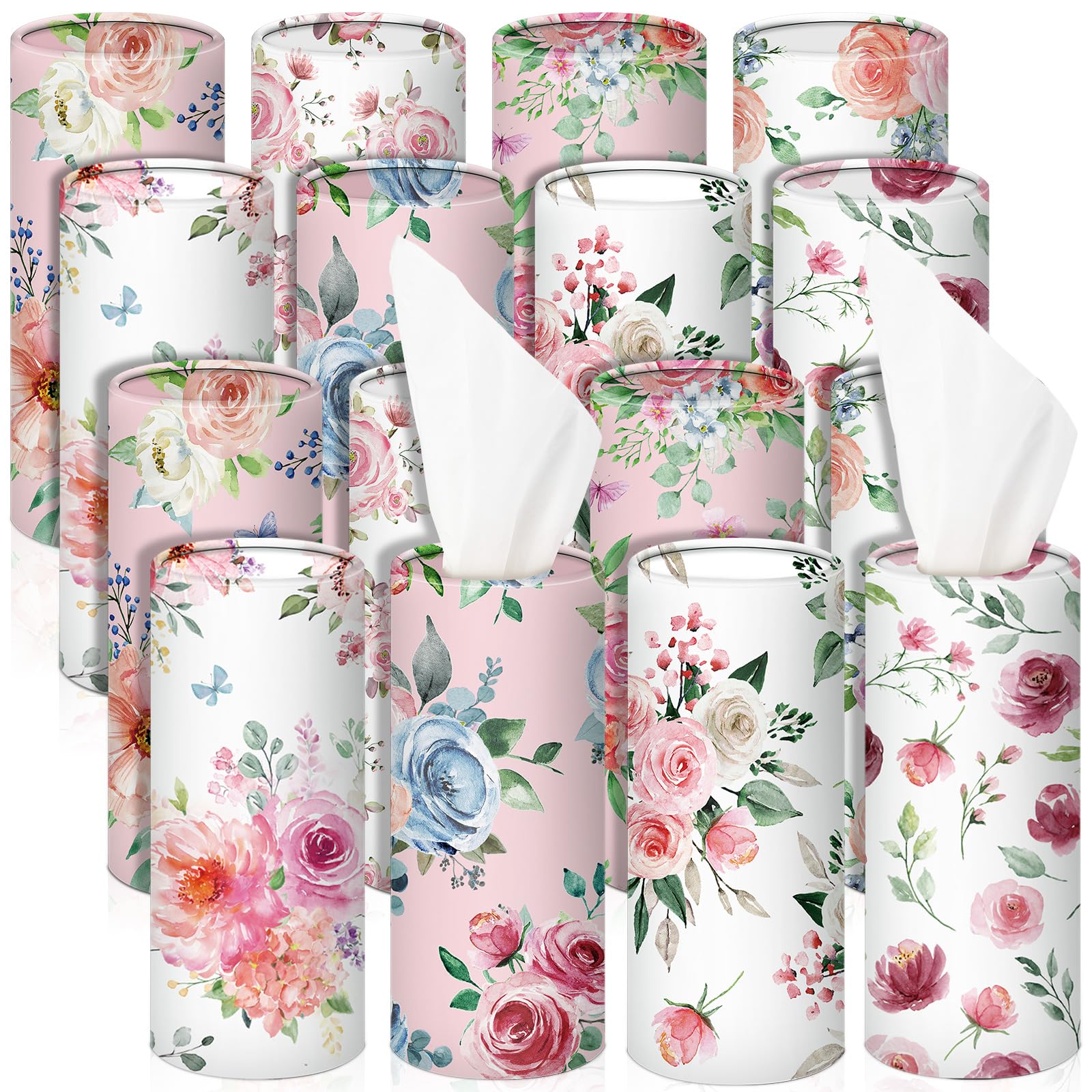 16-Pack Floral Car Tissue Holder Cylinders - Round Cup Holder for Facial Tissues | Bulk Travel Napkin Box Containers | Perfect for Car, Office & Home Use
