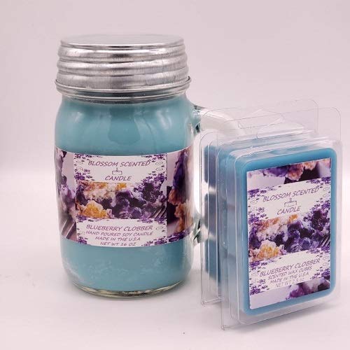 Blueberry Cobbler Scented Soy Wax Candle Bundle - 16oz Mason Jar & 2 Wax Melts - Home Fragrance for Kitchen, Living Room, Bedroom Relaxation