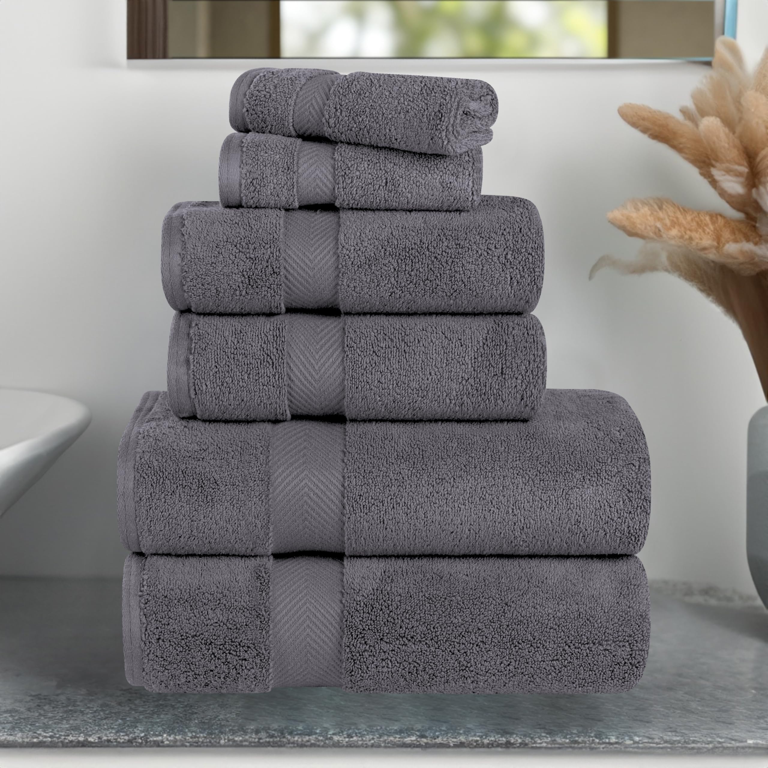 Premium 100% Cotton Bath Towel Set - 6 Piece Ultra Soft & Absorbent Luxury Towels (2 Washcloths, 2 Hand Towels, 2 Bath Towels) - Grey - Perfect for Spa, Bathroom & Hotel Use