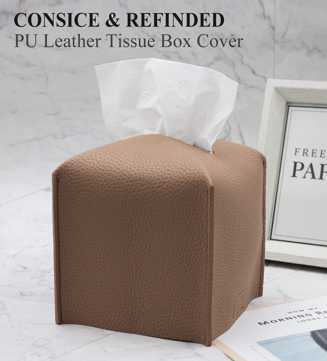 Livelab Square PU Leather Tissue Box Cover - Modern Decorative Tissue Holder for Facial Paper Organizer | 5x5x5 Inches Bronze | Perfect for Bathroom, Vanity, Nightstand, Desk & Car Accessories