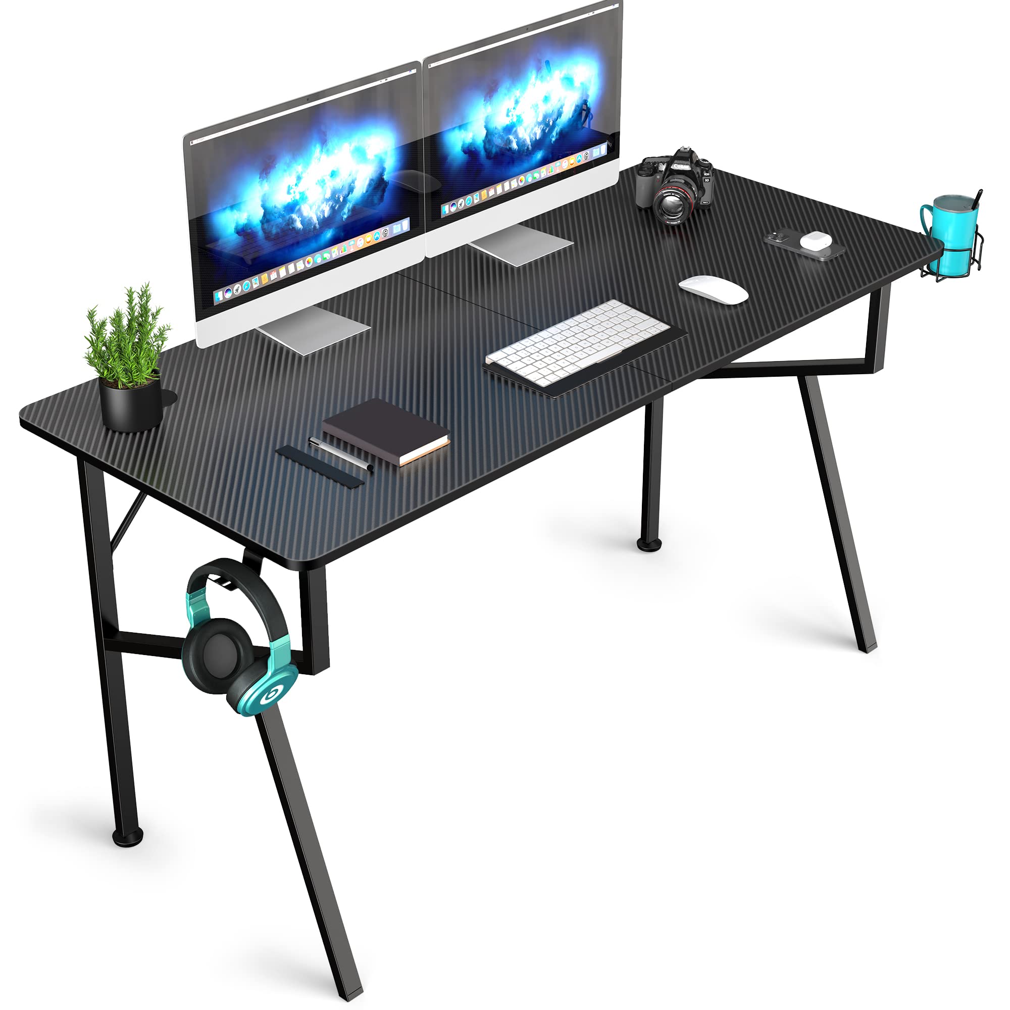 EUREKA ERGONOMIC 55 Inch K-Shaped Gaming Desk with Mouse Pad, Headphone Hook & Cup Holder - Large Computer Desk for Home Office & PC Gamers - Perfect for Gaming Setups, Workstations & Multi-Monitor Setups (Black)