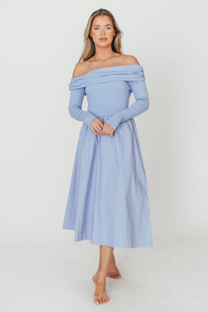 Elegant Blue Francis Long Sleeve Off Shoulder Midi Dress for Women | Flowy Party & Wedding Guest Dress | Perfect for Date Night, Cocktail Events & Fall Weddings