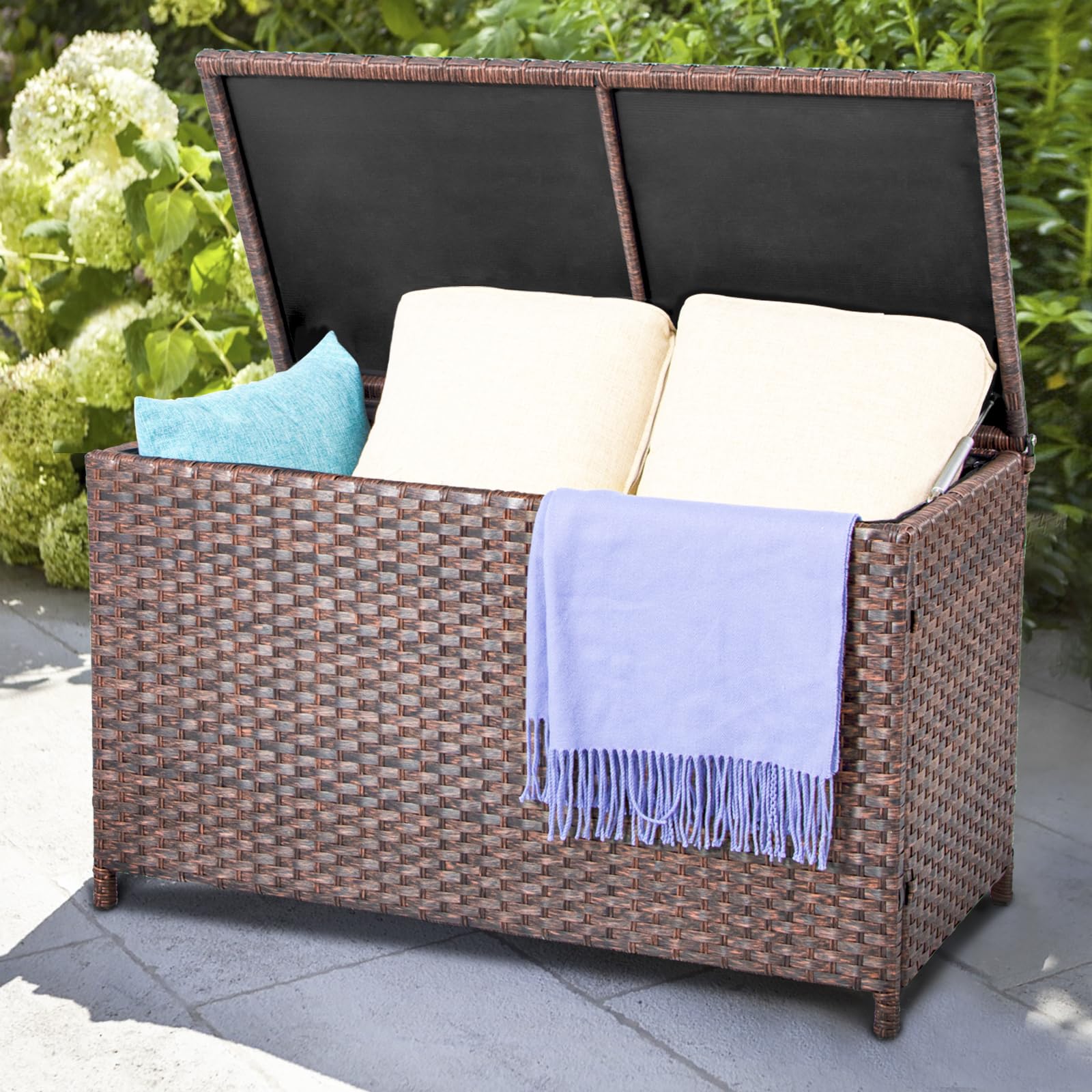 DIMAR GARDEN 70 Gallon Outdoor Storage Deck Box with Waterproof Cover - Patio Wicker Storage Container for Cushions, Toys & Garden Tools - Brown (Perfect for Backyard, Deck & Poolside Organization)