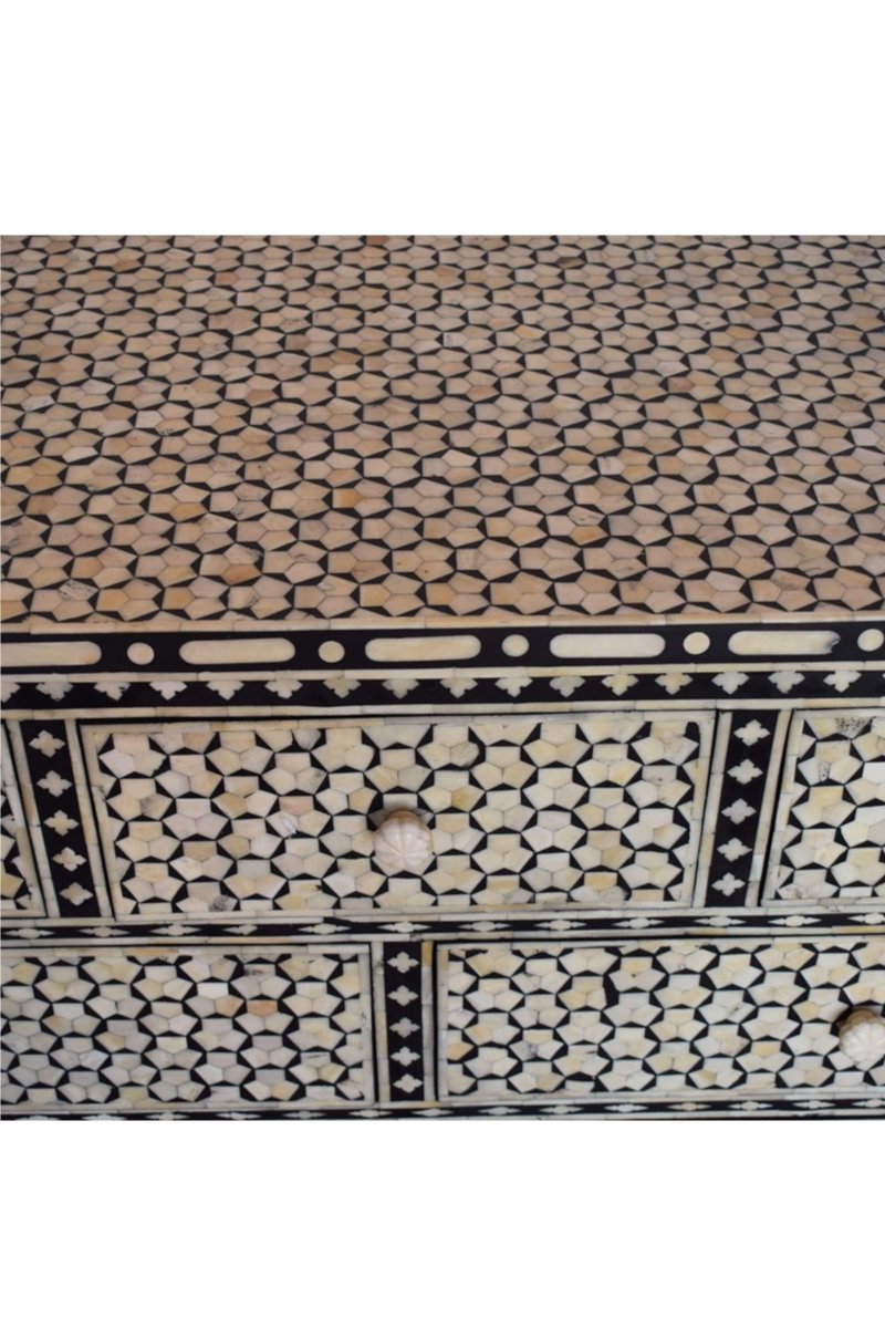 Handmade Bone Inlay Black Pentagon Dresser with 7 Drawers - Vintage Boho Bedroom Furniture for Storage & Organization