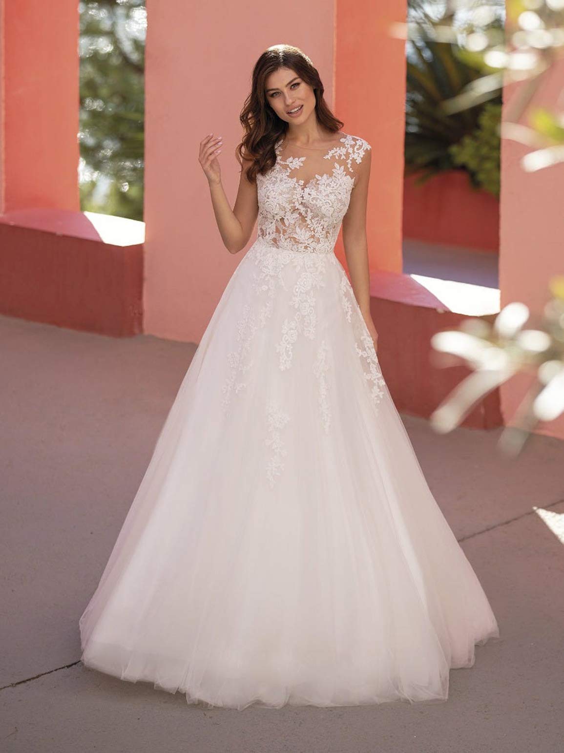 Elegant Ivory Beach Wedding Dress for Women - Long Lace Appliques Bridal Gown with Train | Custom Made Beach Bridal Gown for Destination Weddings & Seaside Ceremonies
