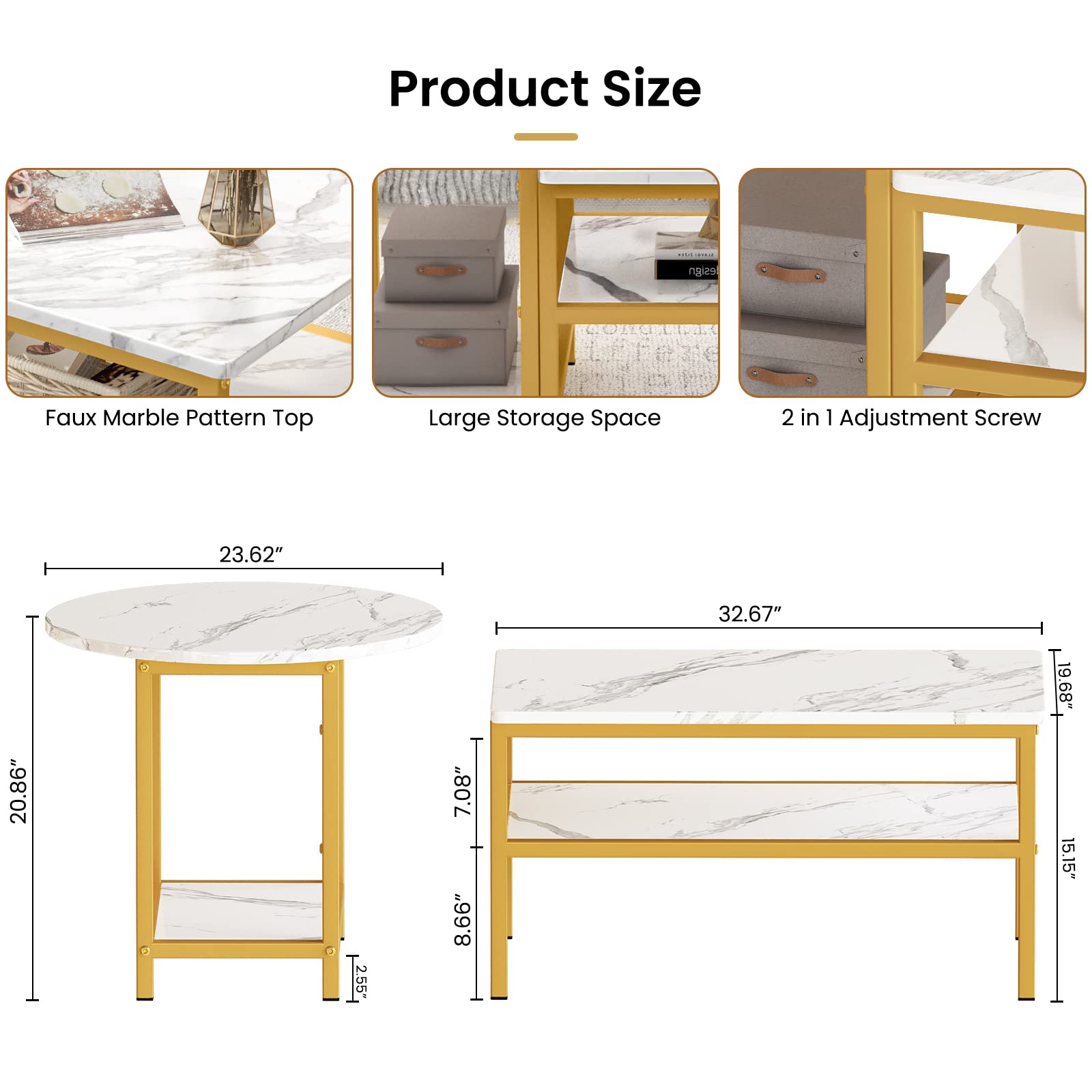 AWQM Nesting Coffee Table Set of 2 - Modern Rectangular & Round Side Tables with Open Storage & Adjustable Shelf - White Living Room & Bedroom Furniture for Small Spaces, Apartments, and Home Decor
