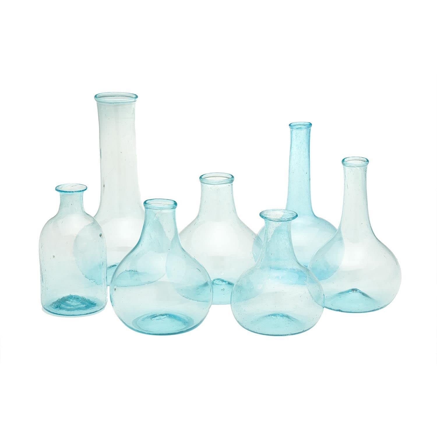 Two's Company Set of 7 Aquamarine Decorative Glass Bottles - Elegant Home Decor for Bathroom, Living Room & Wedding Centerpieces
