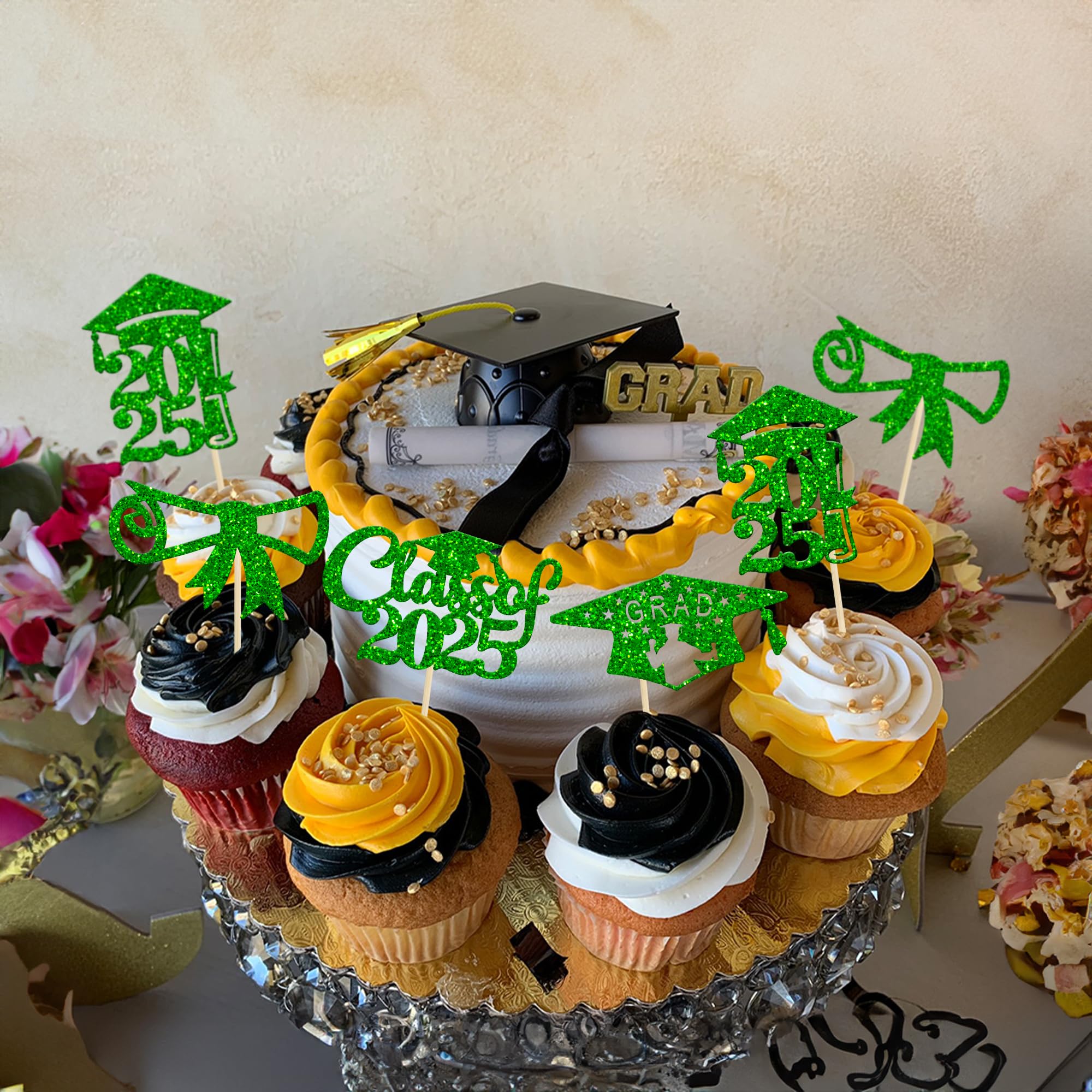 24Pcs Class of 2025 Graduation Cupcake Toppers - Glitter Diploma & Grad Cap Cake Decorations for 2025 Graduation Party Supplies (Green) | Perfect for Graduation Cakes, Cupcakes and Dessert Table Decor