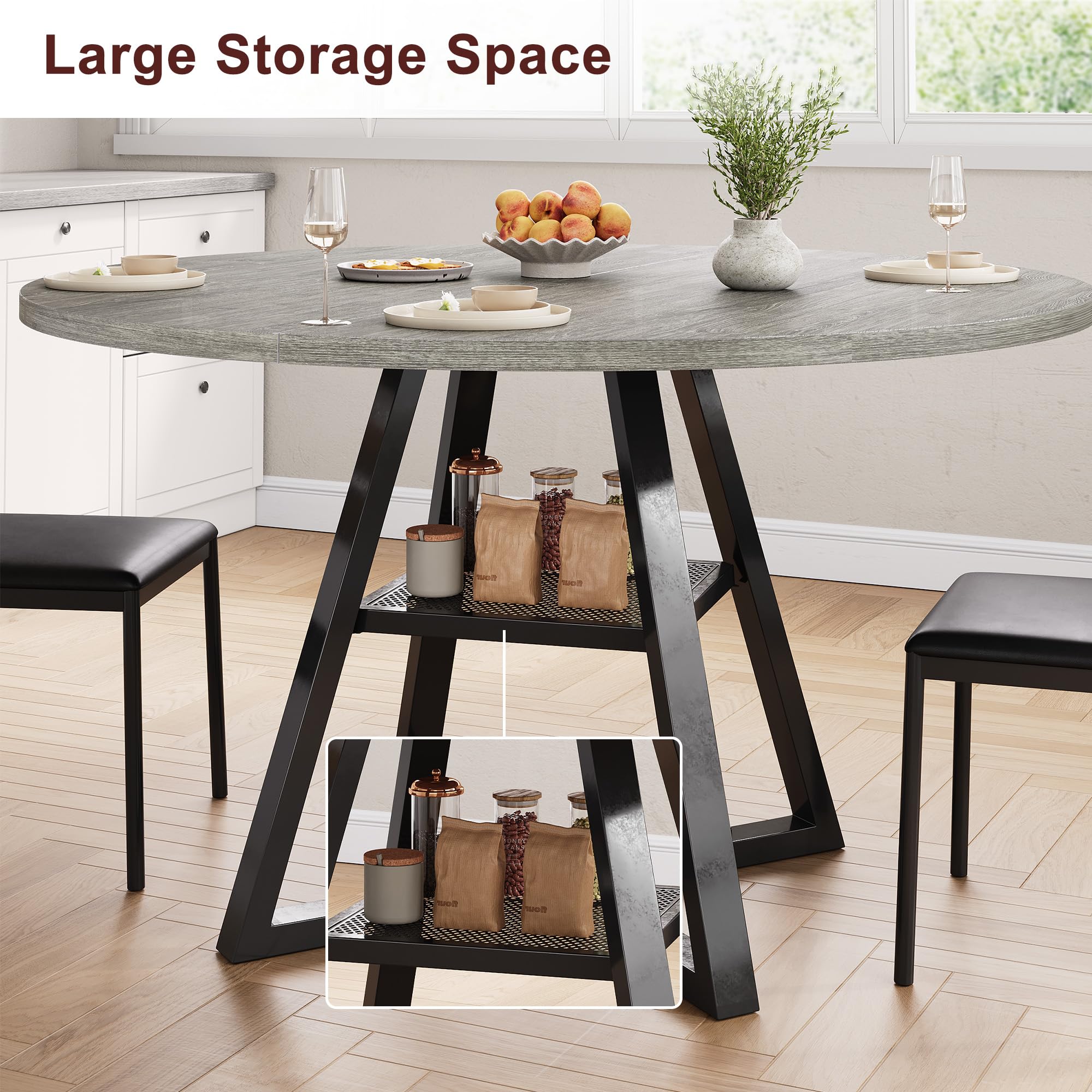 42 Inch Round Dining Table for 4 - Space Saving Wooden Kitchen & Dining Room Furniture with Pedestal Base, Grey - Perfect for Small Spaces, Breakfast Nooks & Cozy Family Meals
