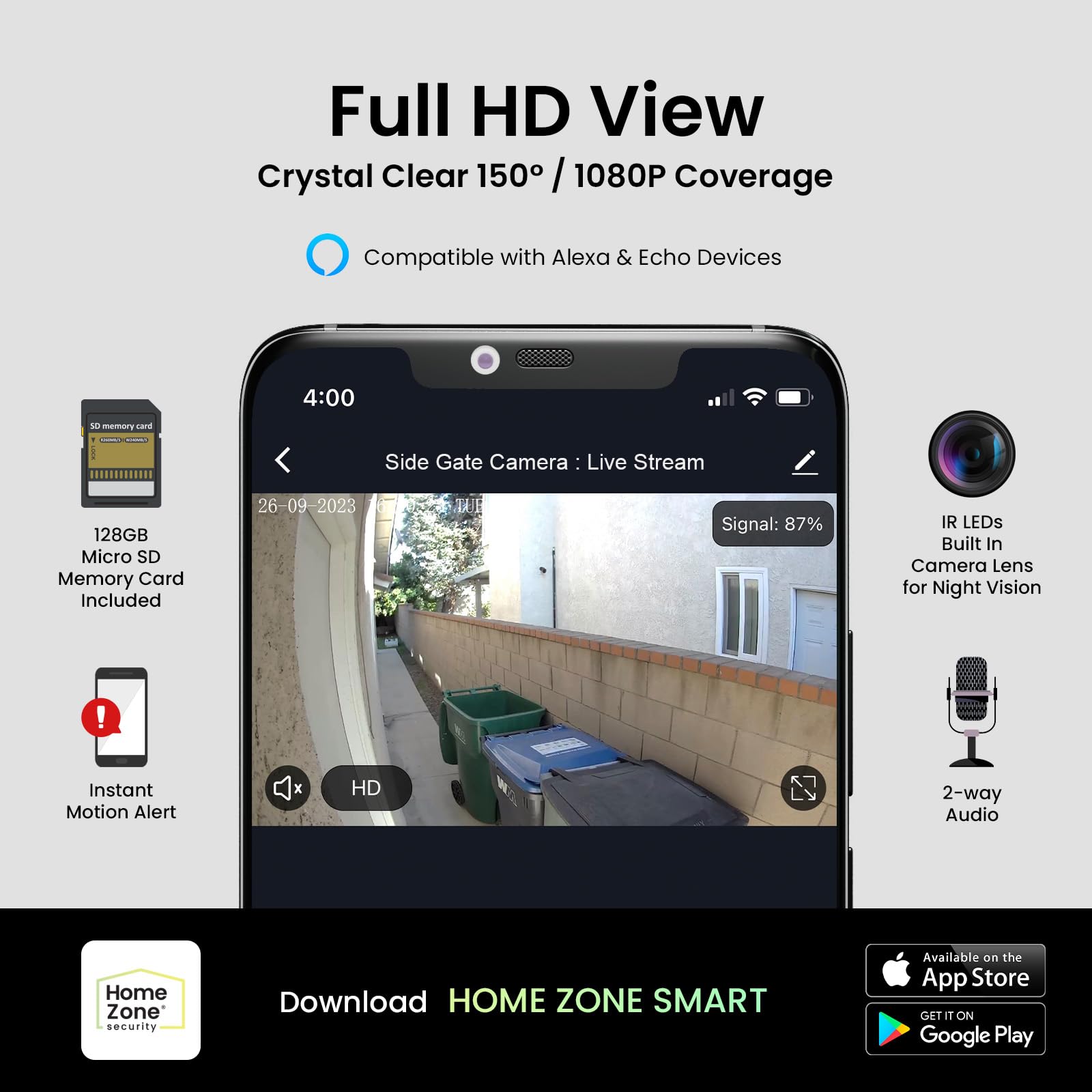Home Zone Security Triple Head Floodlight Camera - Smart 2.4GHz 1080P Outdoor Hardwired 3500 Lumen LED Security Light with Motion Detection & 128GB Local Storage (White) - Ideal for Backyard, Garage & Driveway Surveillance