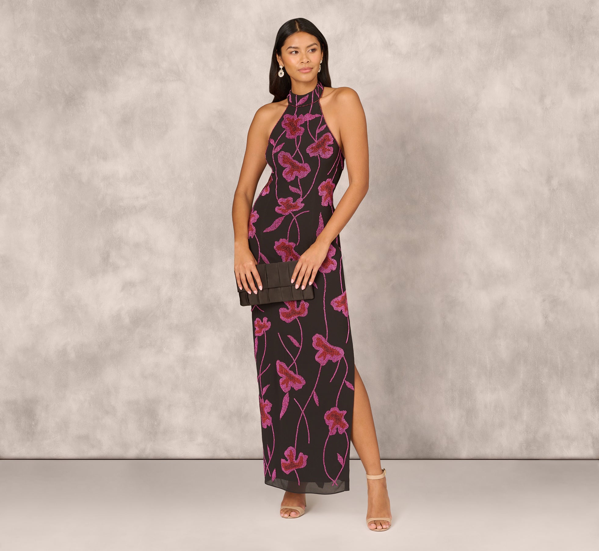 Elegant Black Multi Beaded Floral Halter Column Gown with Mock Neck - Perfect for Evening Galas, Weddings, and Formal Events