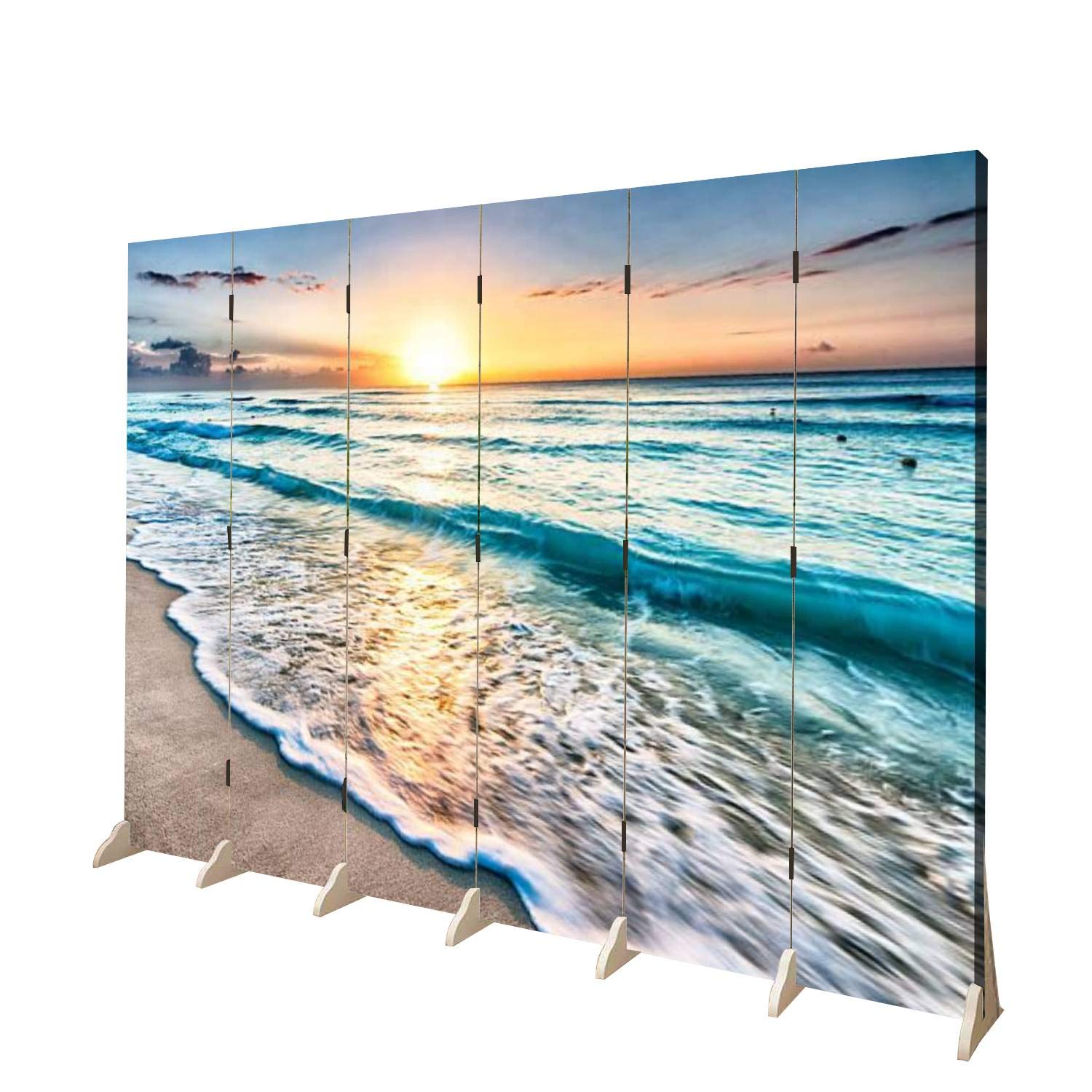 Wooden Room Divider with Sunrise Beach Canvas - 6-Panel Folding Privacy Screen for Home & Office | Dual-Sided Decorative Partition with Display Shelves | Perfect for Living Rooms, Bedrooms, and Workspaces