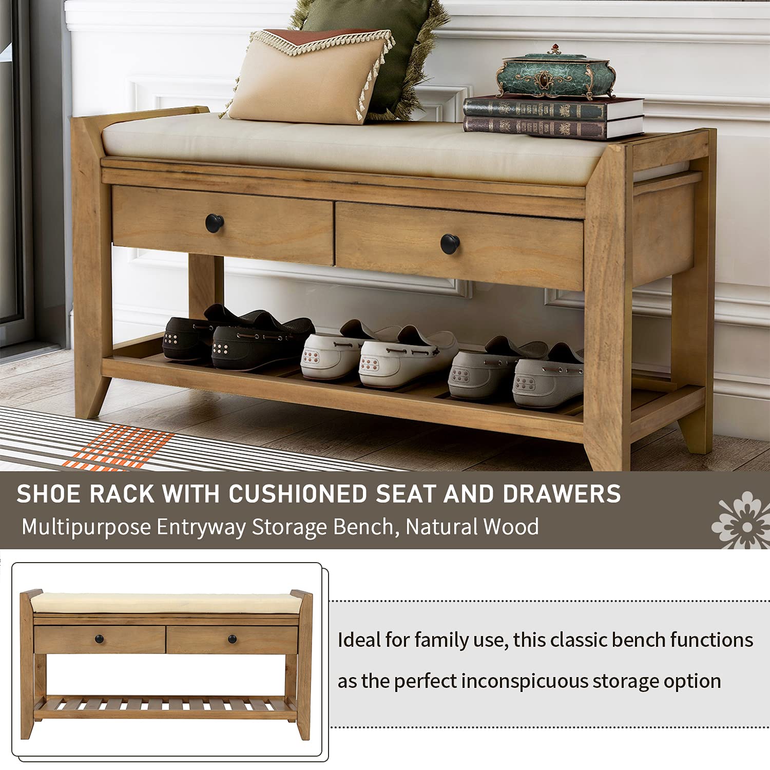 Quarte Farmhouse Shoe Bench - Rustic Wood Entryway Storage Bench with Cushioned Seat & 2 Drawers, Multipurpose Hallway Shoe Rack for Living Room, Dining Room & Bedroom - Perfect for Organizing Shoes, Hats & Scarves in Small Spaces (Old Pine Finish)