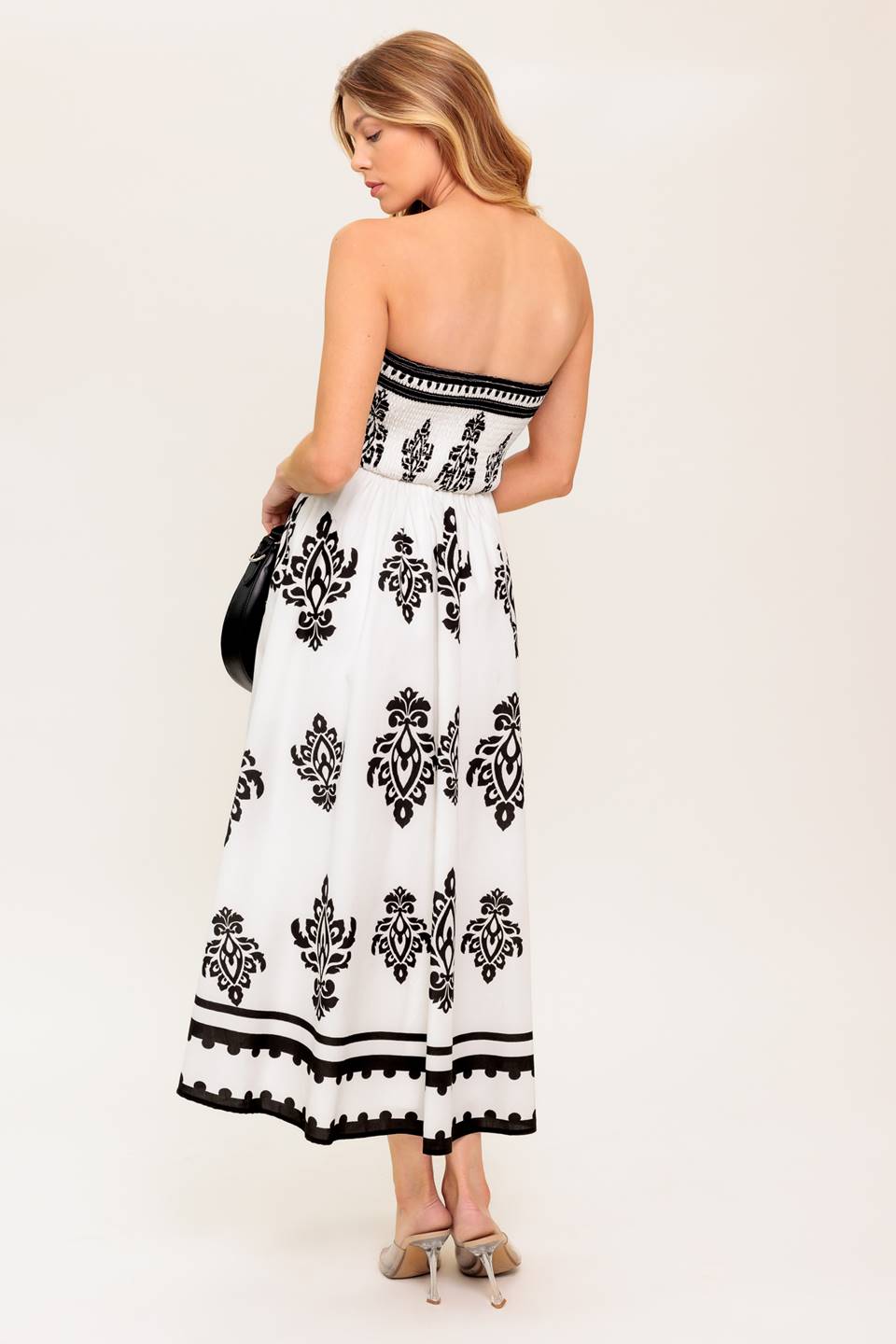 CAFE IN PARIS Strapless Midi Dress - Ivory & Black Floral Print Summer Dress for Beach Wedding, Vacation & Date Night
