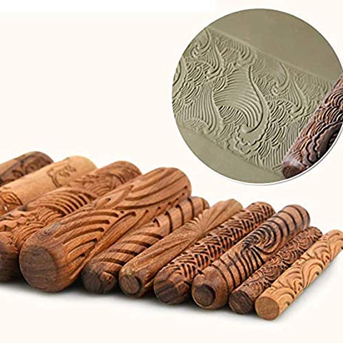 10pcs Wooden Clay Modeling Pattern Rollers Kit - Pottery Tools Set with Storage Box for DIY Ceramic Art & Pastry Making | Lightweight, Easy to Clean & Convenient Design | Perfect for Home Crafts, School Projects & Professional Pottery Studios