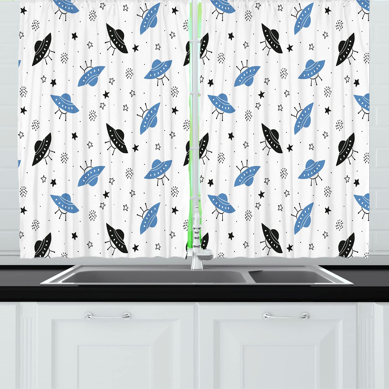Ambesonne Space Themed Kitchen Curtains - UFO, Stars & Dots Pattern - 2 Panel Rod Pocket Window Drapes - 55