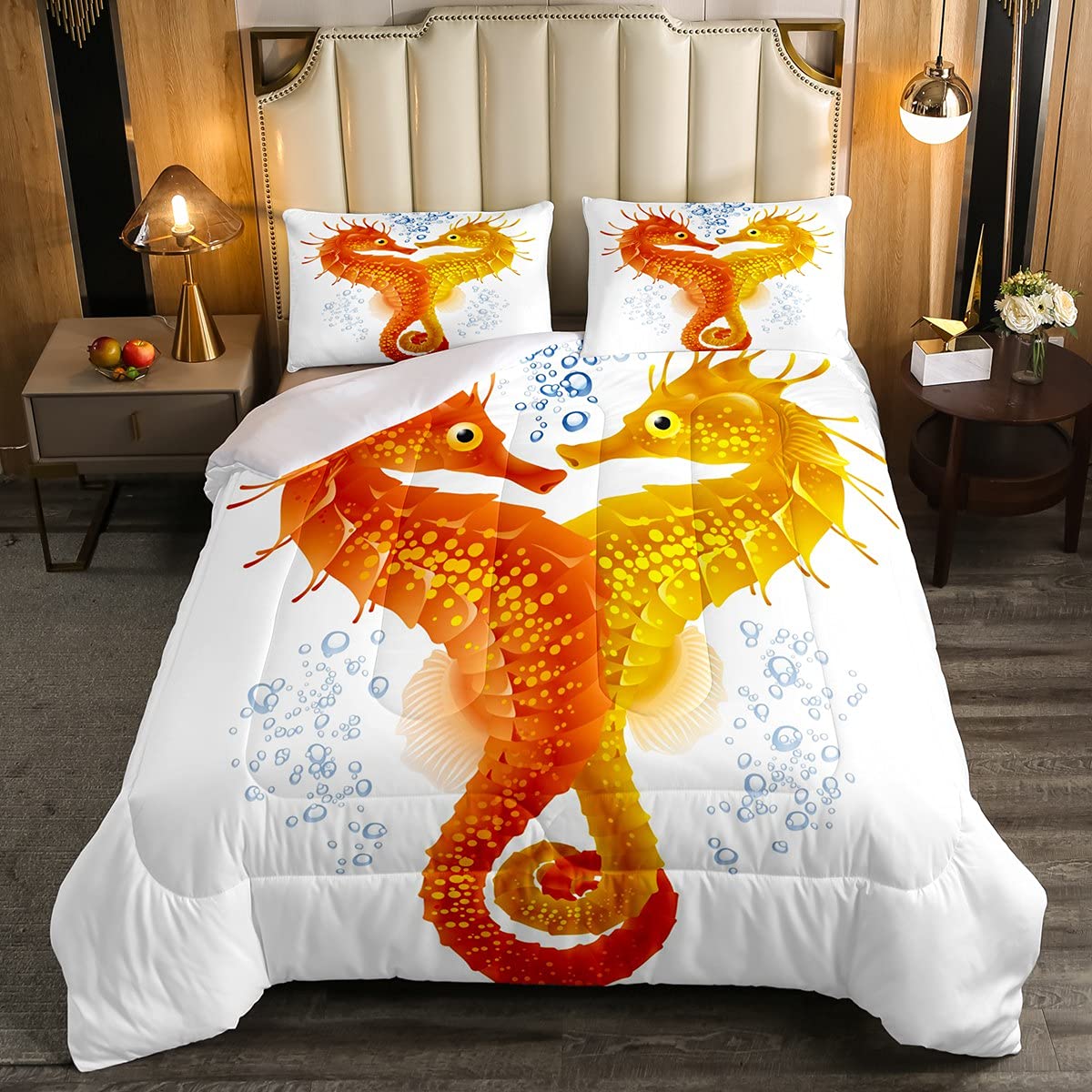 Seahorse Pattern Comforter Set - Watercolor Marine Life Bedding for Kids Boys & Girls, Twin Size Microfiber Quilt with Hippocampus Design - Perfect for Coastal Themed Bedrooms, Nautical Nursery Decor, and Ocean Lover's Room Makeover