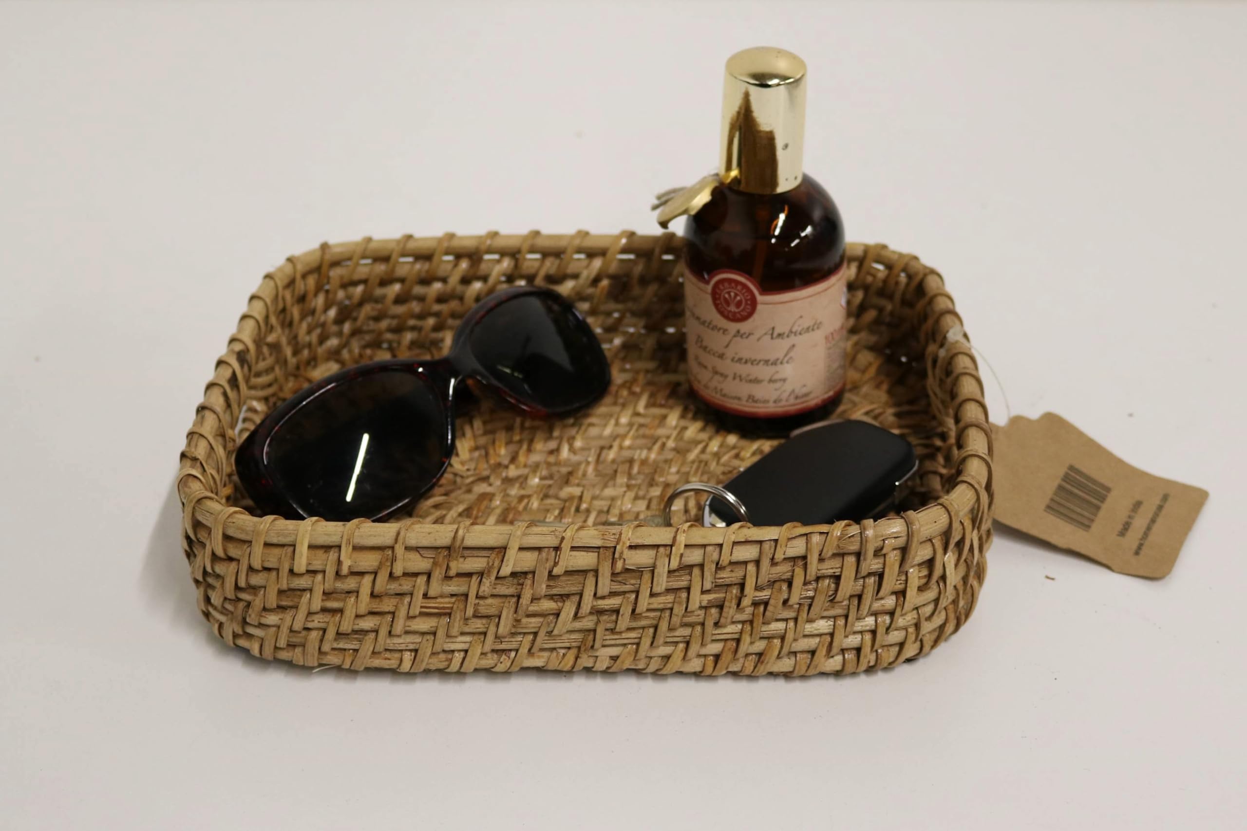 Home&Manor 9 Inch Rattan Rectangle Serving Tray - Natural Woven Basket for Breakfast in Bed, Coffee Table Decor, Bathroom Organization
