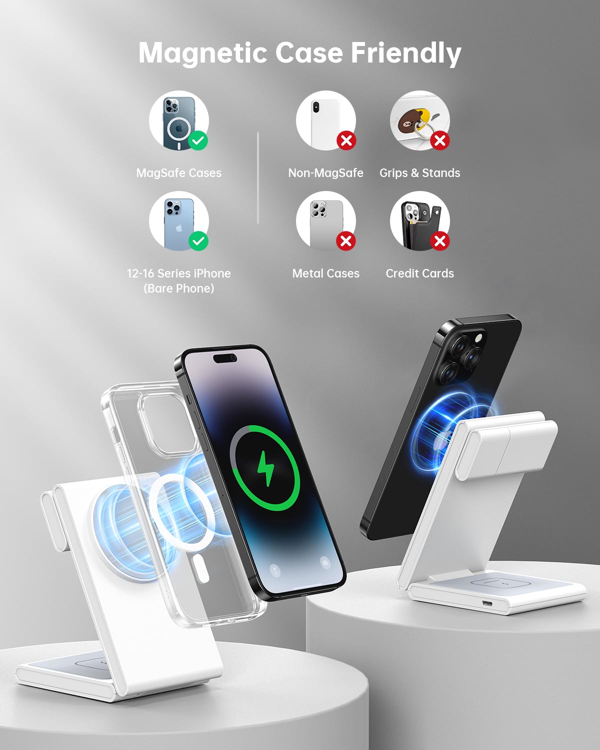 3-in-1 Magnetic Foldable Wireless Charging Station with 20W Fast Charger - Compatible with iPhone 16/15/14/13/12, Apple Watch 10/Ultra 2 & AirPods - Space Gray | Perfect for Home, Office & Travel Charging Needs
