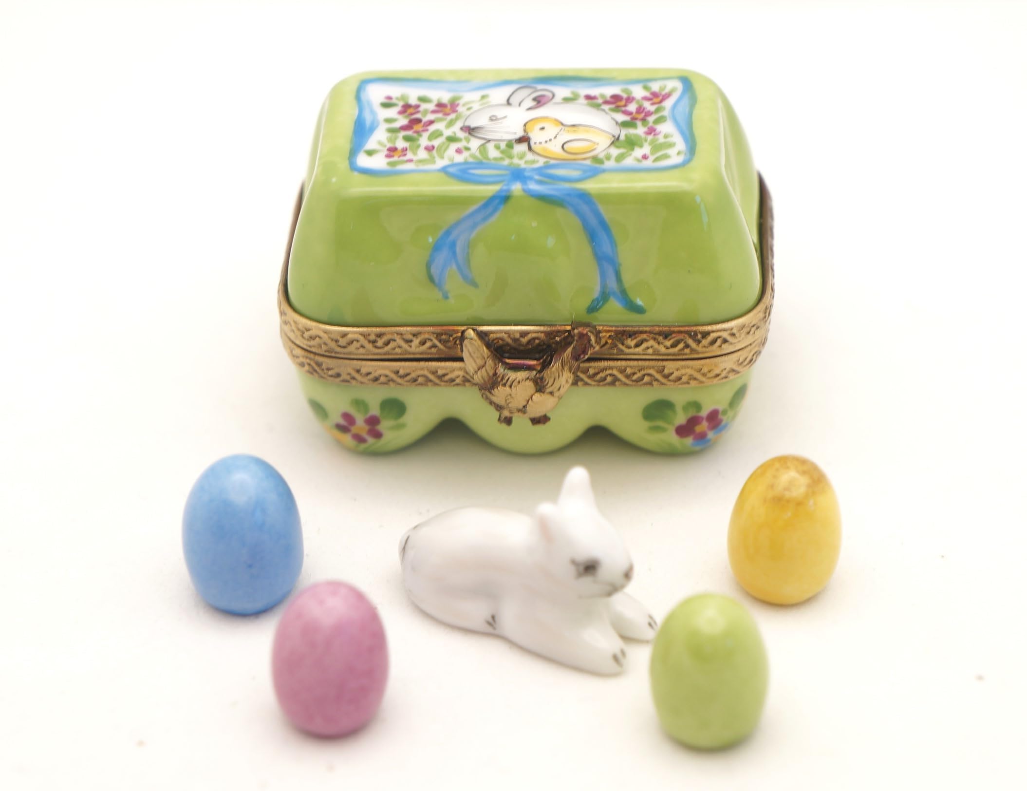 Authentic Hand-Painted Limoges Porcelain Egg Carton Box with Removable Eggs & Bunny - French Collectible Home Decor for Easter, Spring Display & Gift Giving