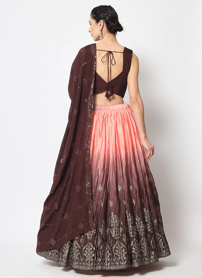 Designer Brown & Peach Ombre Foil Print Embroidered Lehenga Choli for Women - Traditional Indian Bridal Wear, Wedding Party Outfit, Festive Ethnic Dress (D225) | Perfect for Weddings, Festivals & Special Occasions