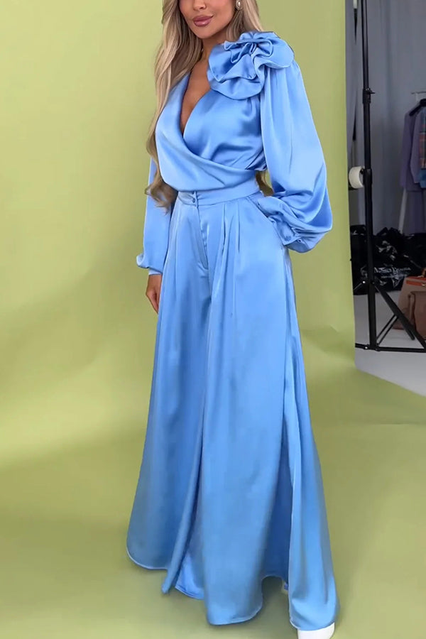 Elegant Solid Color V-Neck Long Sleeve Blouse with Floral Embroidery & Casual Pocket Wide Leg Pants Set - Perfect for Office Wear, Date Night and Spring Outfits