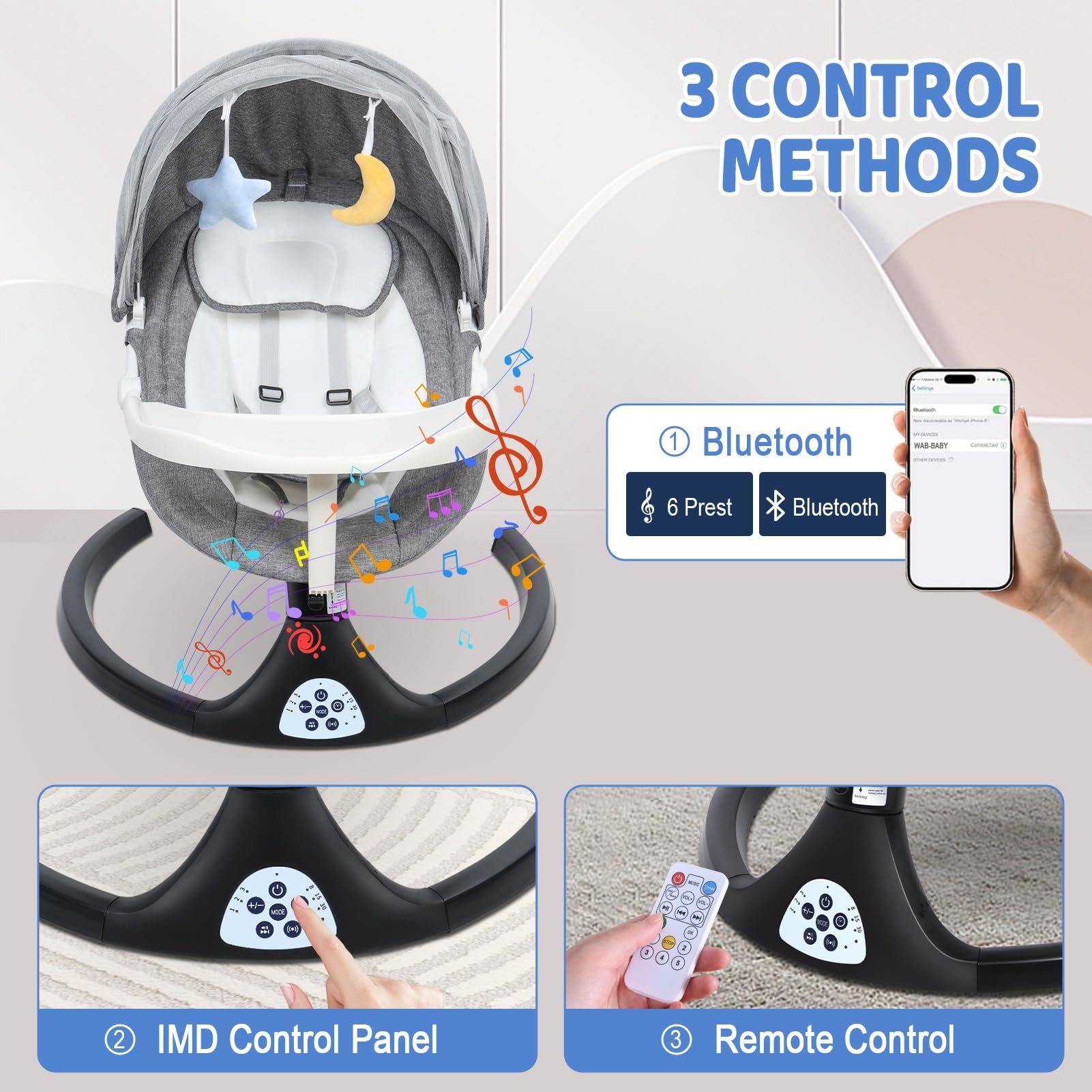 Fukursul Electric Baby Swing with Smart Sensor & Safety Harness - Bluetooth Remote Control Adjustable Infant Rocker with Soothing Music & Plush Toys | Perfect for Nursery, Daycare & Calming Fussy Babies