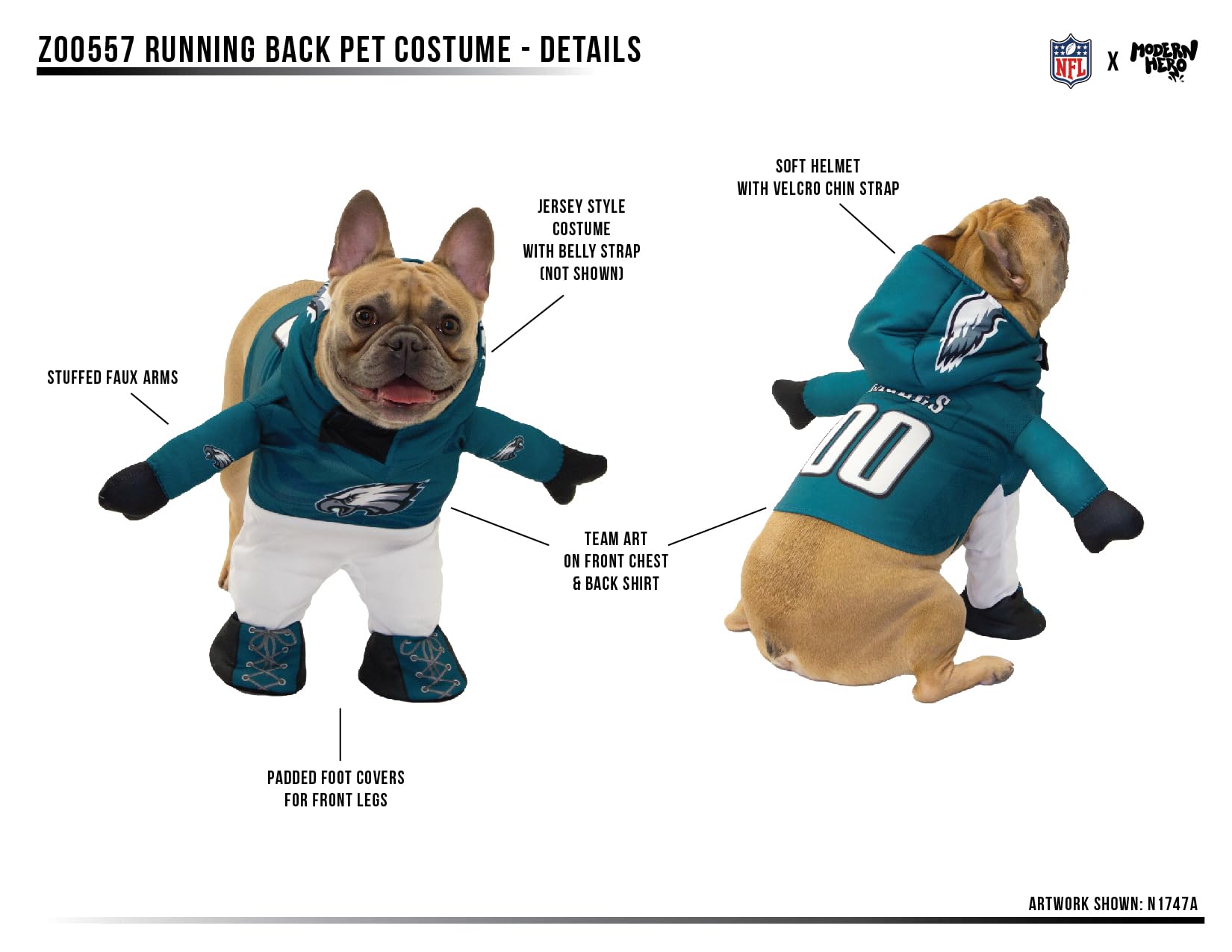 NFL Officially Licensed Philadelphia Eagles Running Dog Costume - 2pc Set with Bodysuit and Hat (Green, Large) for Game Day, Halloween, and Pet Parties
