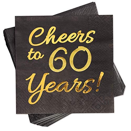 60th Birthday Napkins for Men - 50 Pack Black & Gold 5x5 Inch Disposable Cocktail Napkins - Perfect for 60th Birthday Party Decorations, Anniversary Celebrations & Cocktail Receptions