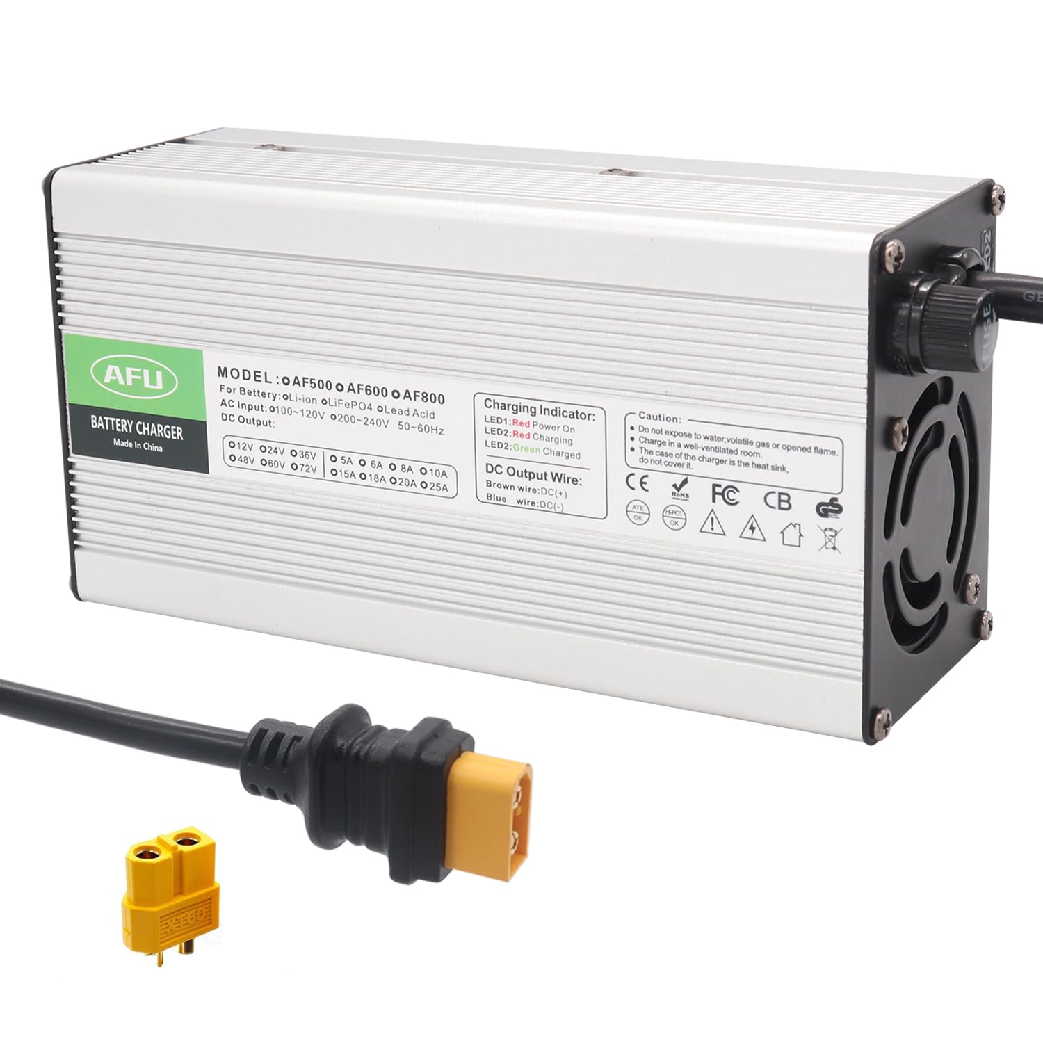 50.4V 10A Fast Charger with Cooling Fan - Silver Aluminum Case for 12S 44.4V Lithium Battery Pack - XT60 Male Connector - Perfect for Ebikes, Scooters, and Power Tools Charging